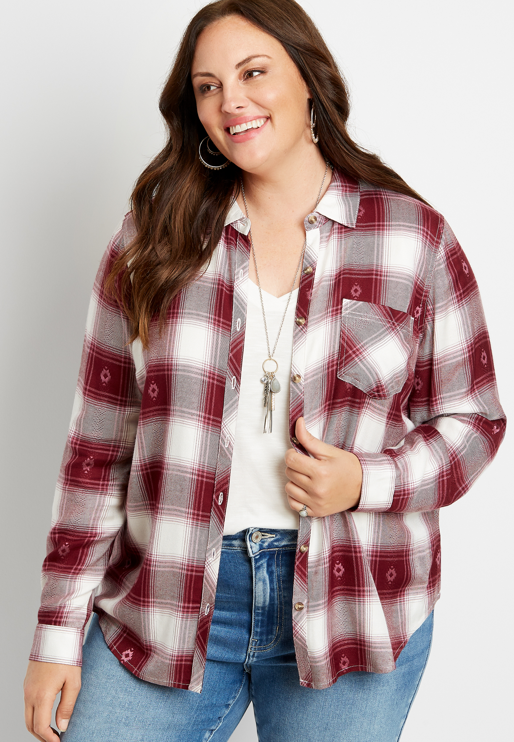 Plus Size Berry Icon Plaid Button Down Long Sleeve Flannel Shirt | maurices
