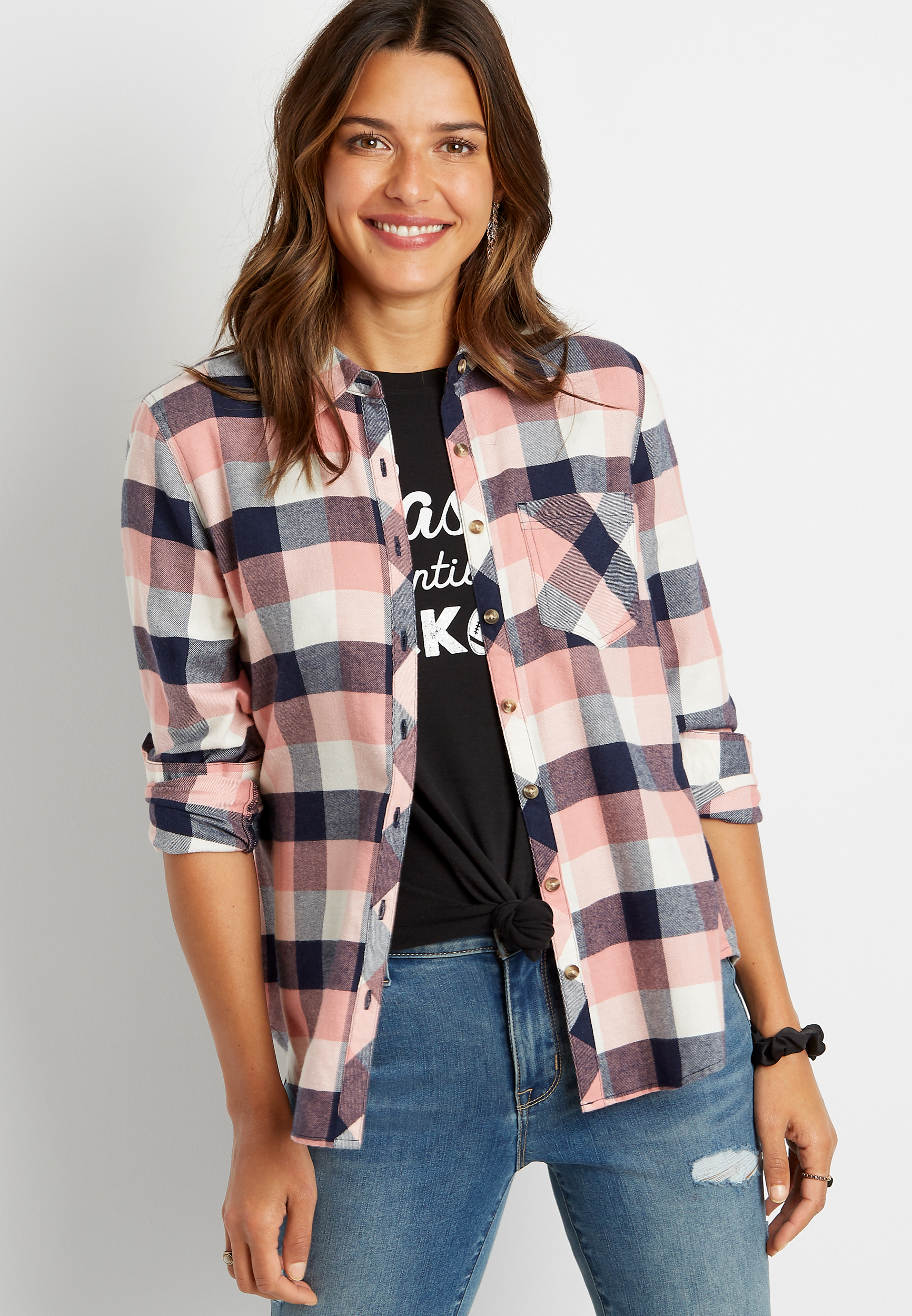 Pink Plaid Flannel Button Down Long Sleeve Shirt | maurices