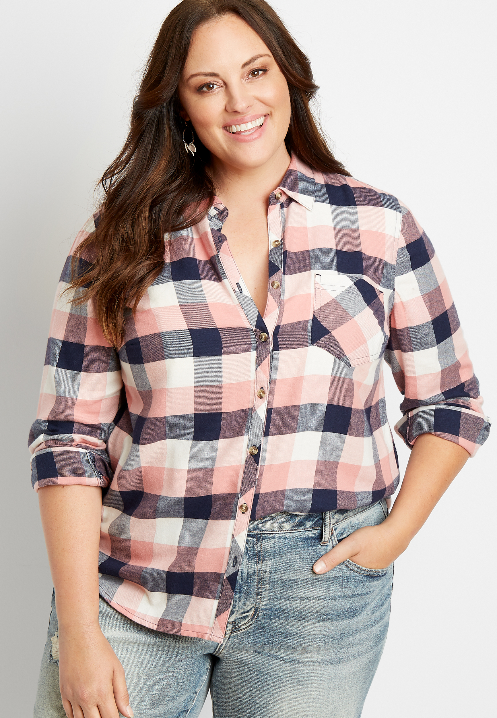 Plus Size Pink Plaid Flannel Button Down Long Sleeve Shirt maurices
