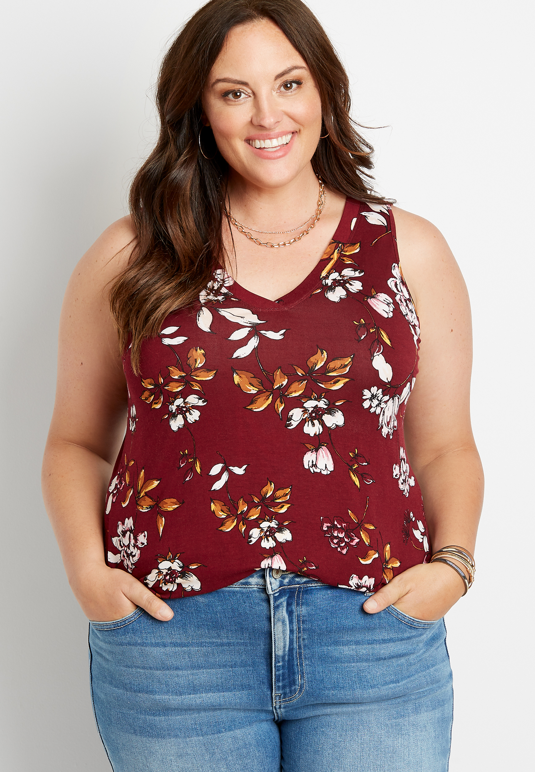 Plus Size 24/7 Red Floral V Neck Tank Top | maurices