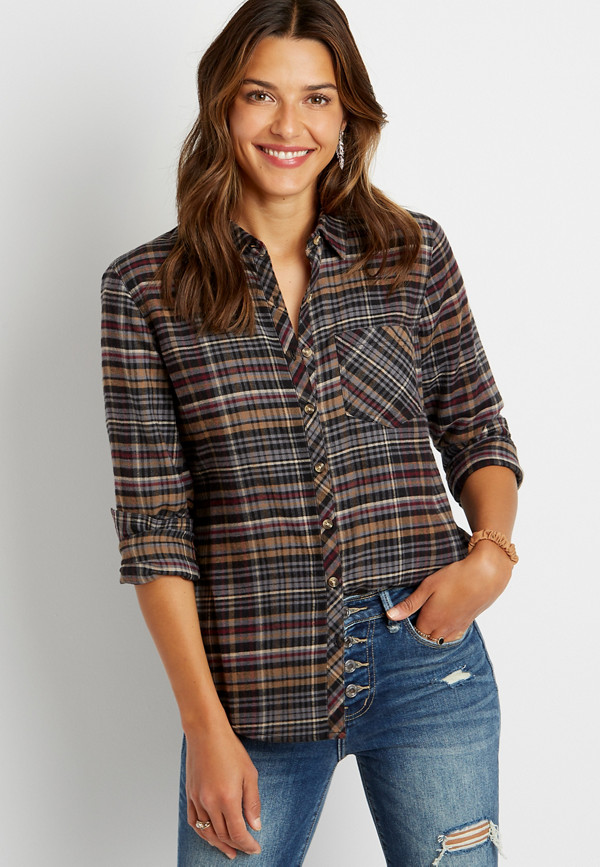 Black Plaid Flannel Button Down Long Sleeve Shirt | maurices