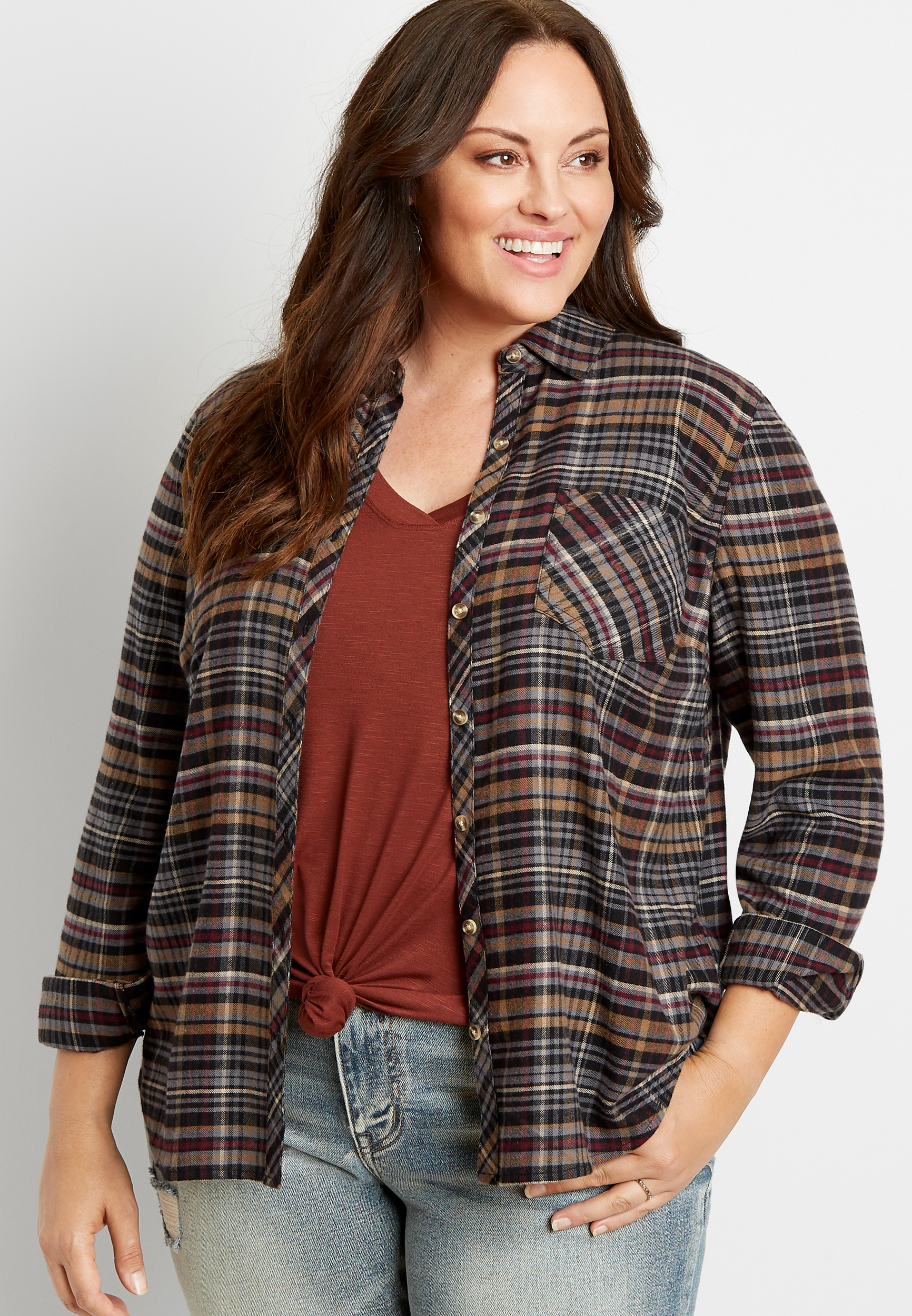 Image of Maurices Plus Size Womens Black Plaid Flannel Button Down Long Sleeve Shirt