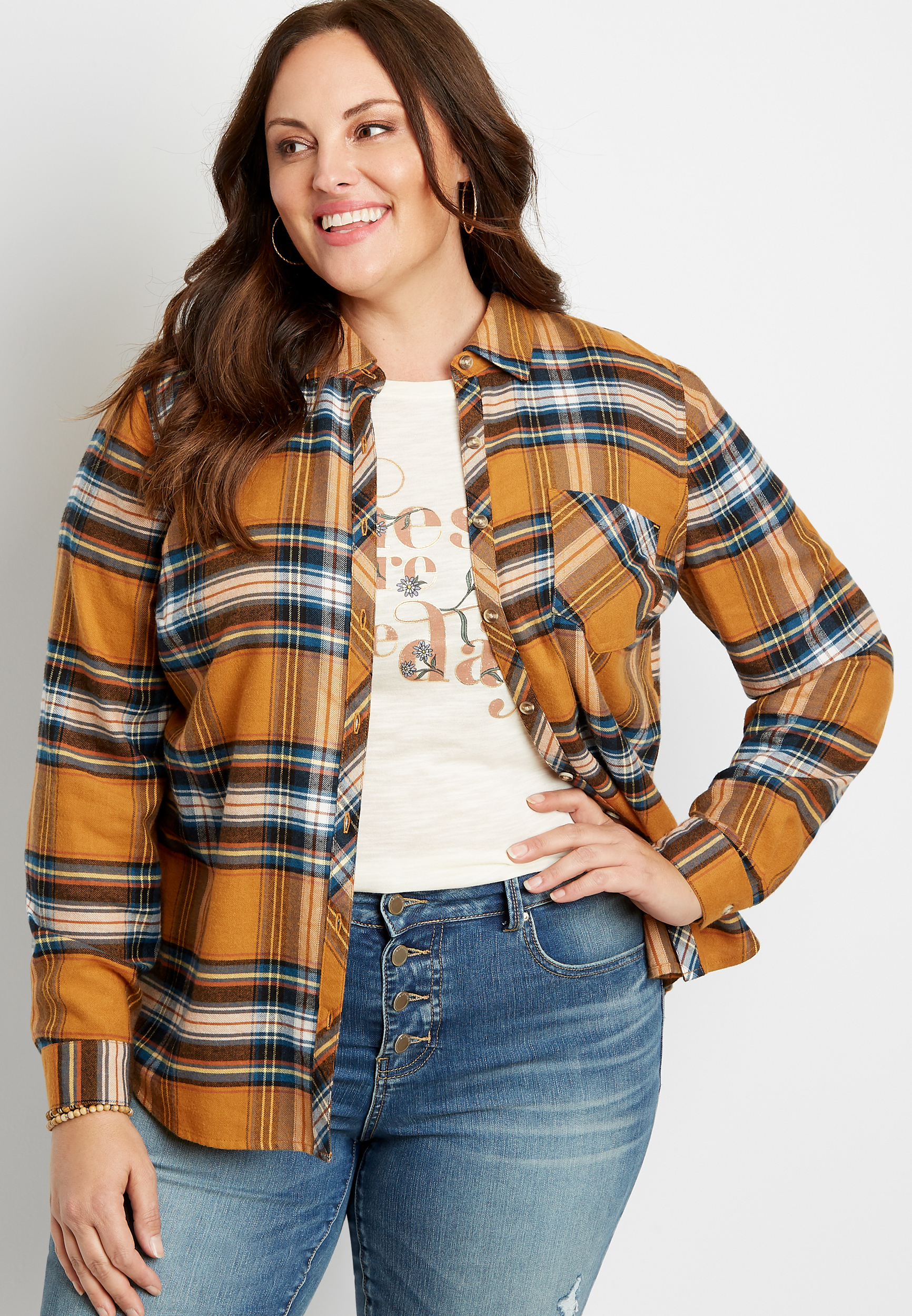 Image of Maurices Plus Size Womens Gold Plaid Button Down Long Sleeve Flannel Shirt