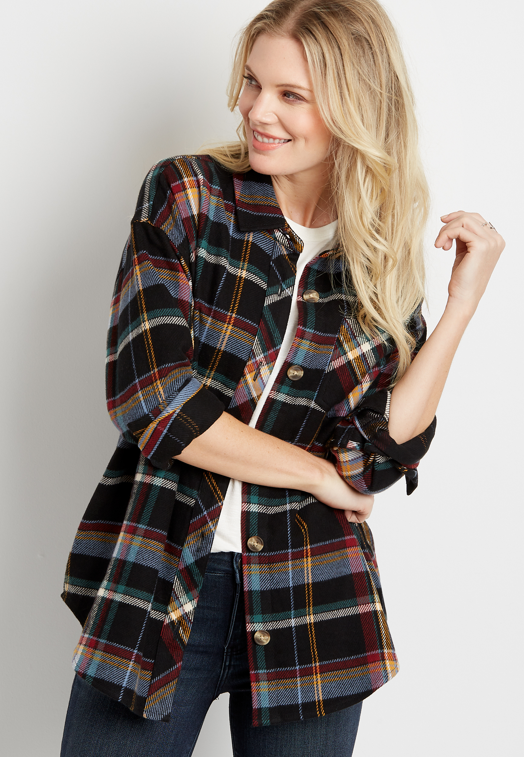 Black Plaid Button Down Long Sleeve Oversized Flannel Shacket | maurices