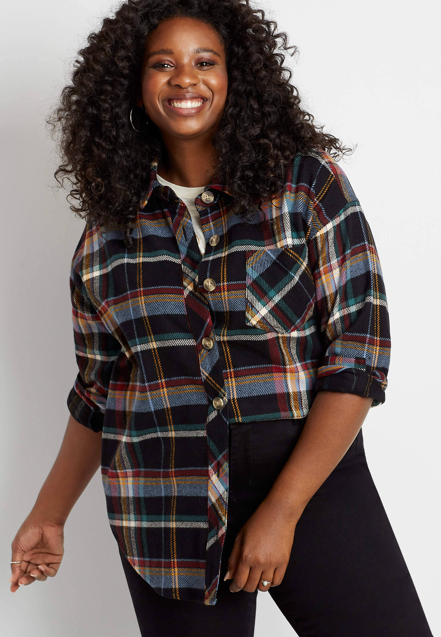 Plus Size Black Plaid Button Down Long Sleeve Oversized Shacket | maurices