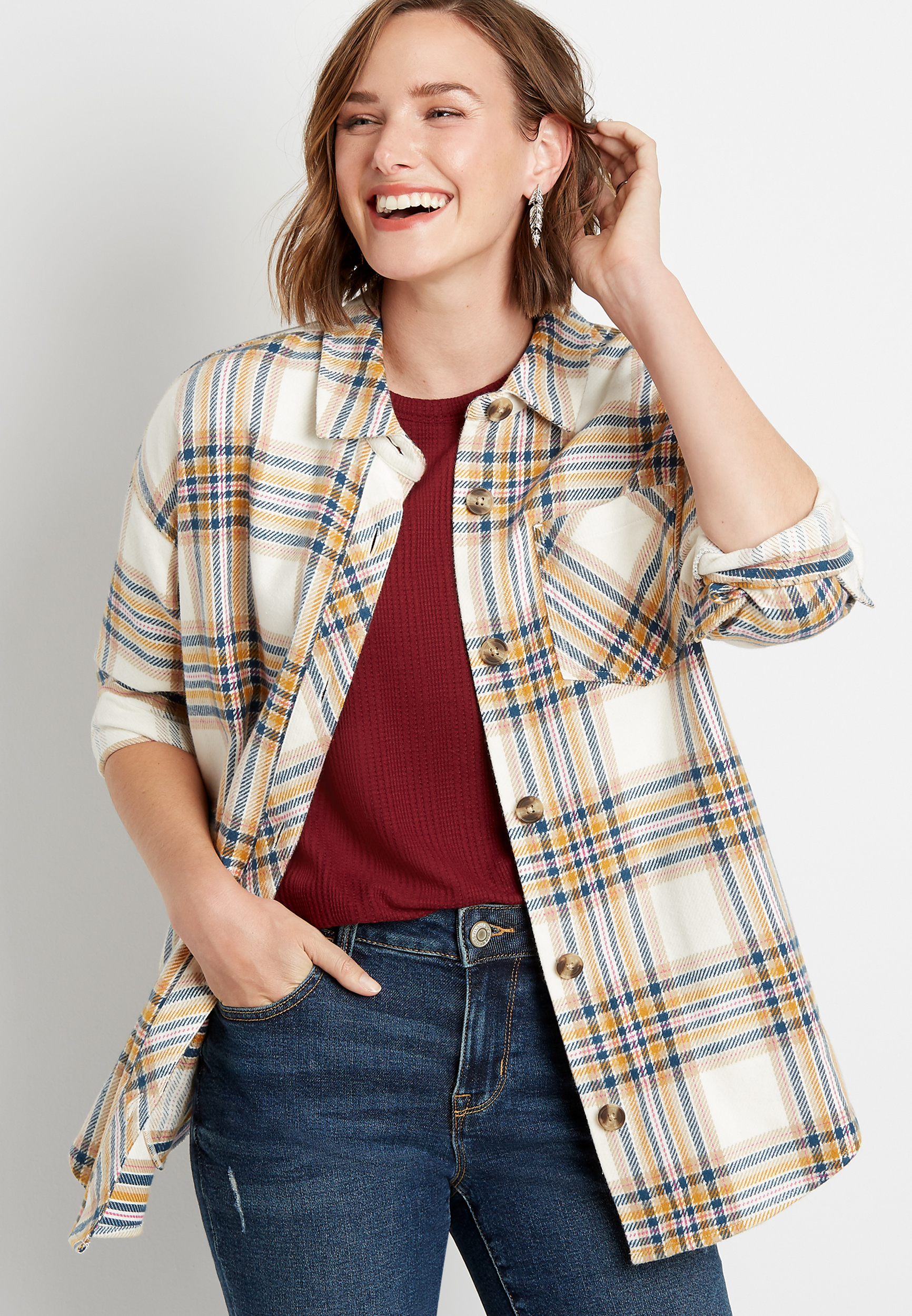 White Plaid Button Down Long Sleeve Oversized Flannel Shacket | maurices