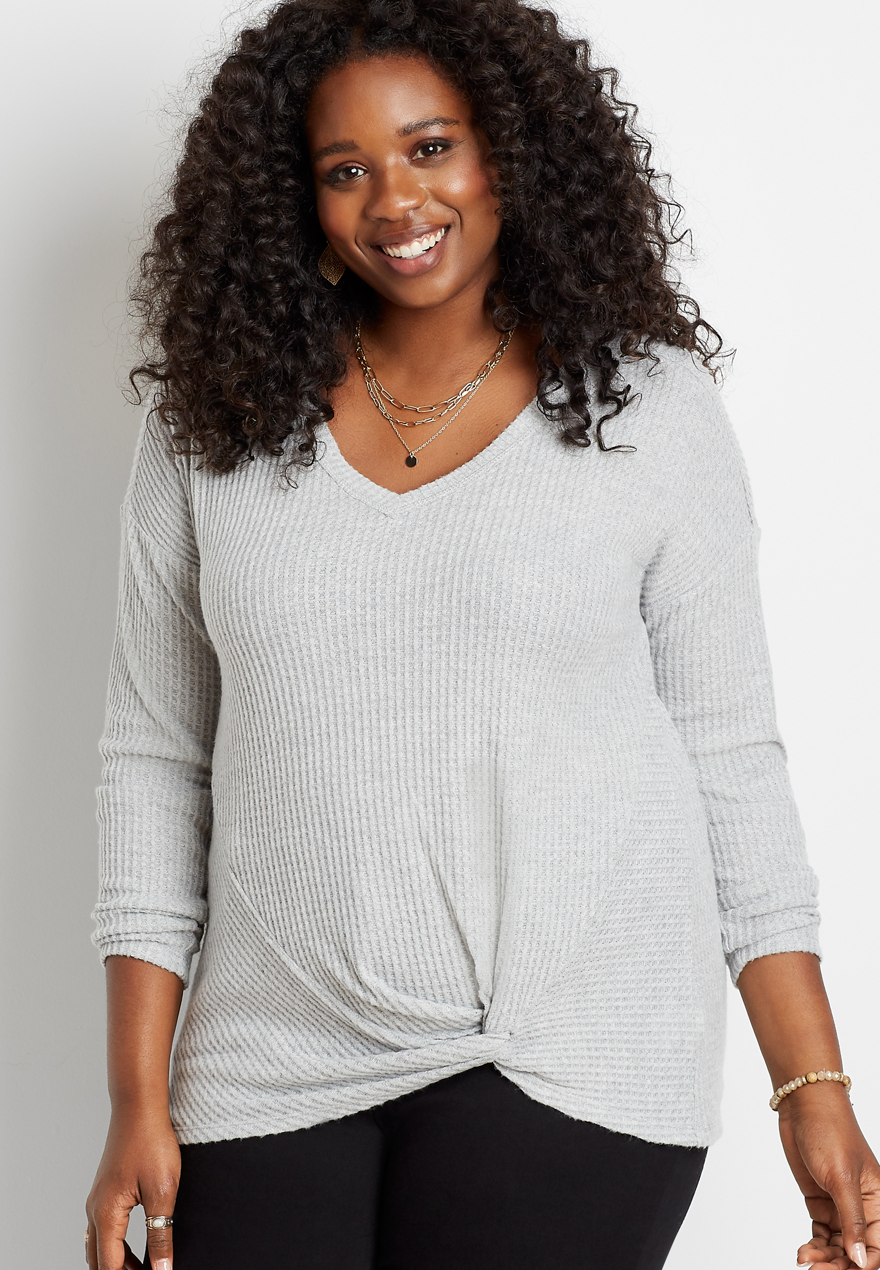 Plus Size 24/7 Heather Gray Twisted Hem Long Sleeve Tee | maurices
