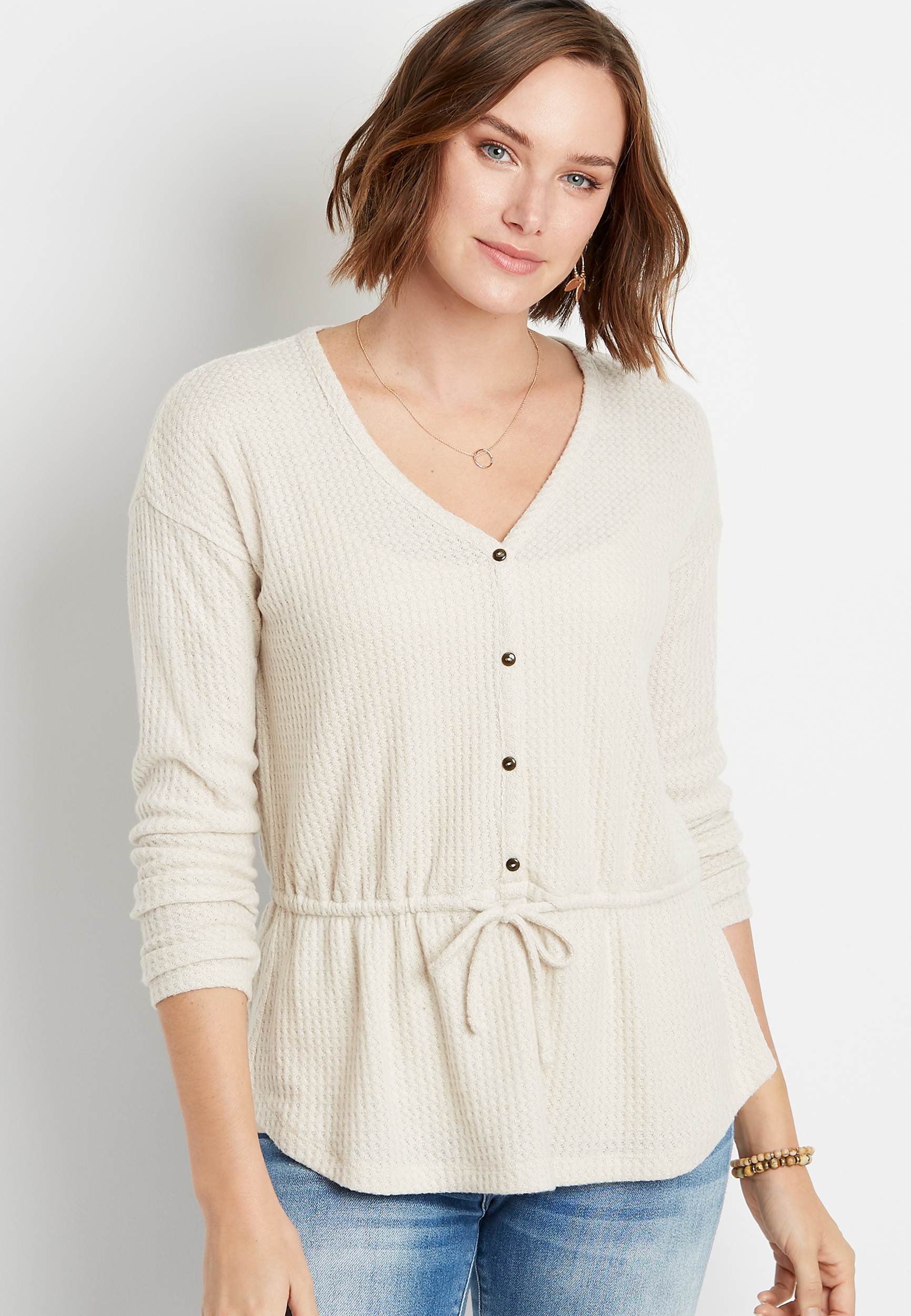 Solid Button Front Tie Waist Top | maurices