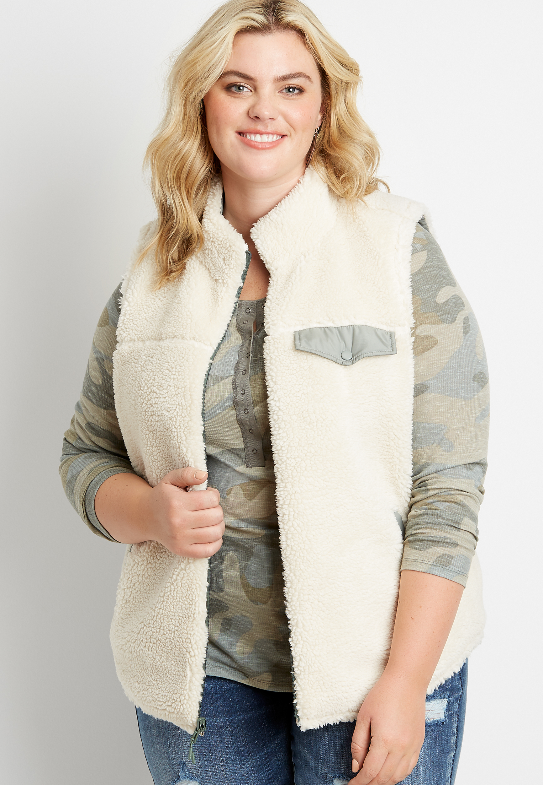 Plus Size Green Reversible Sherpa Zip Up Vest | maurices