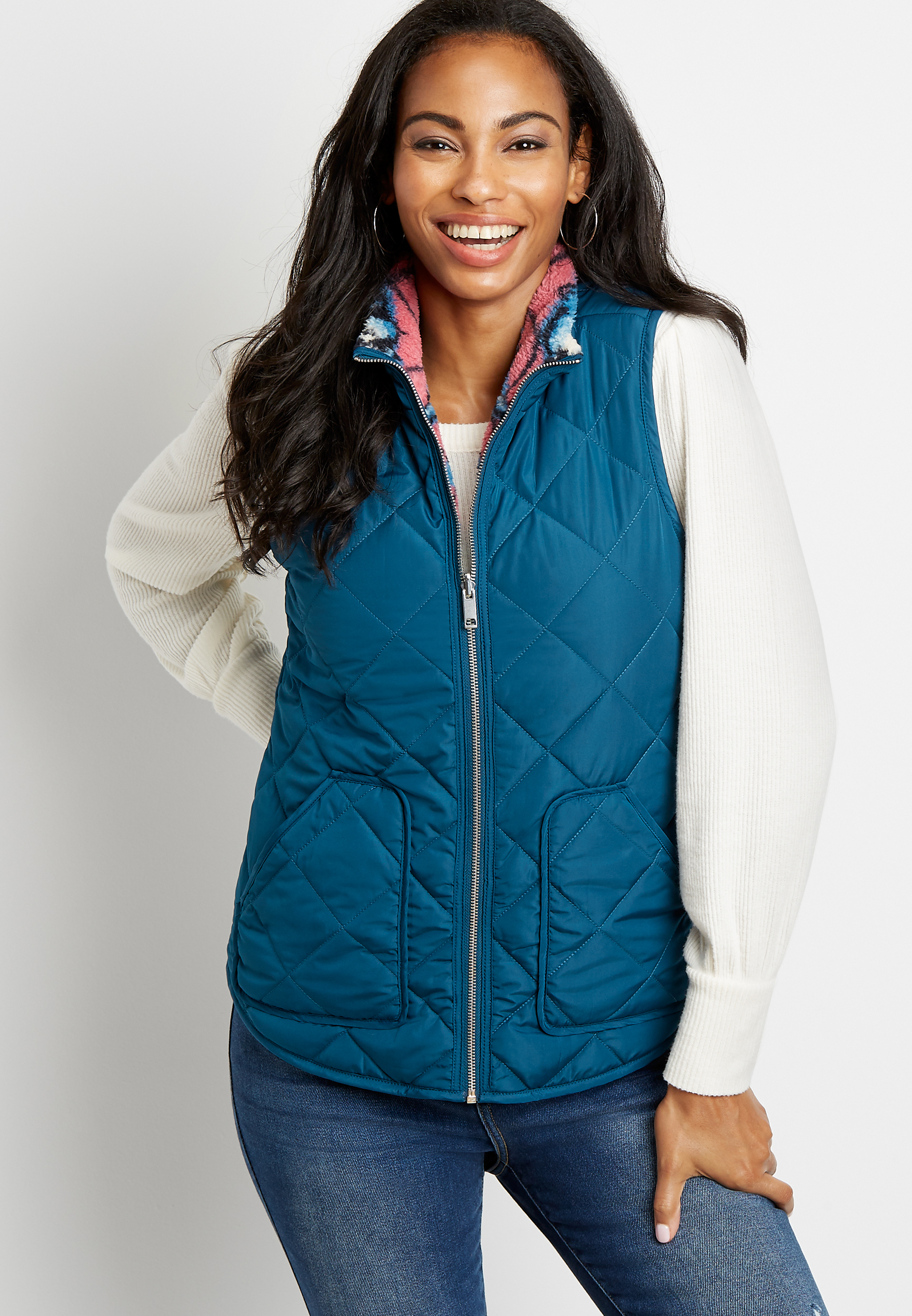 Blue Printed Reversible Sherpa Zip Up Vest | maurices