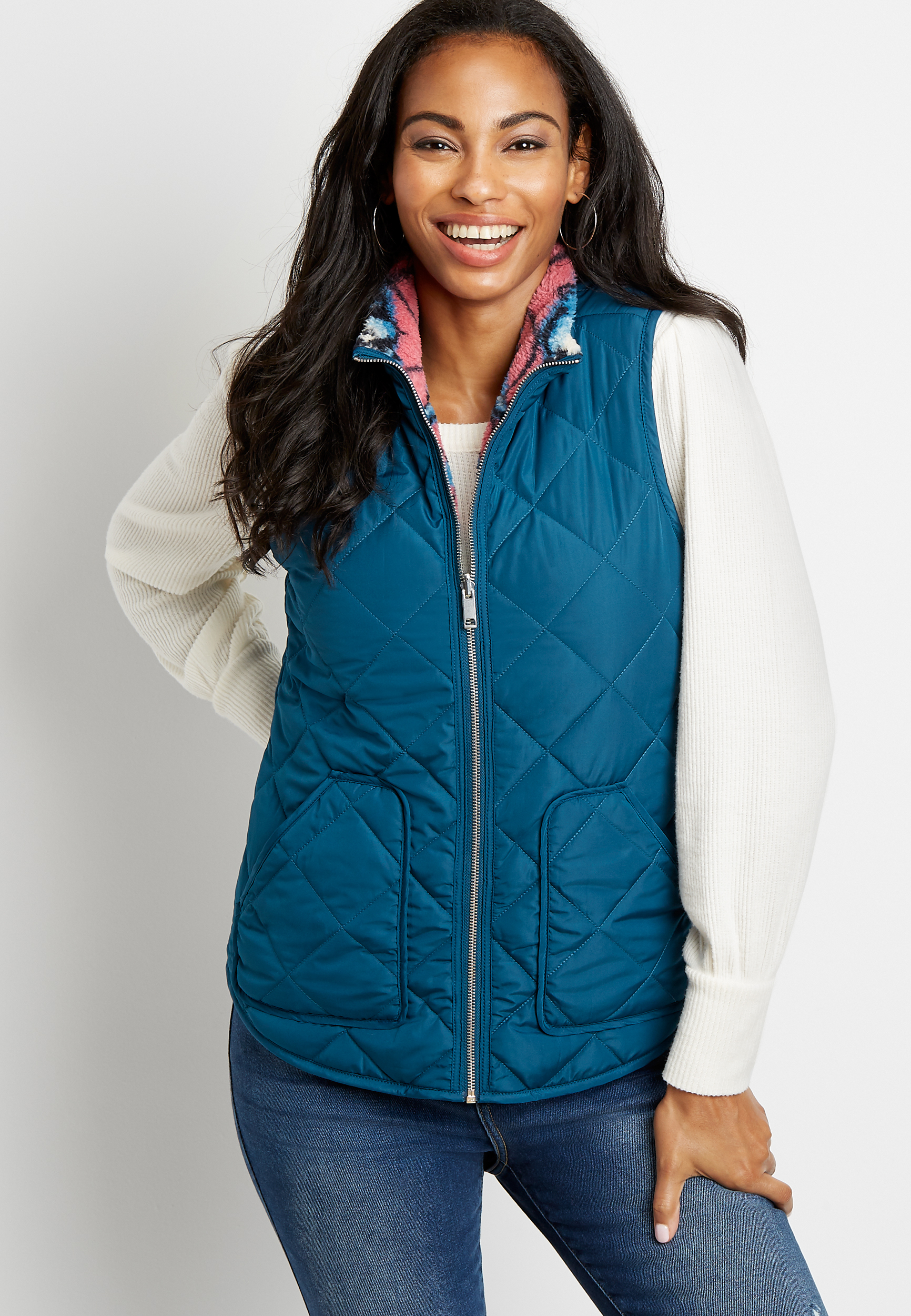 Blue Printed Reversible Sherpa Zip Up Vest maurices