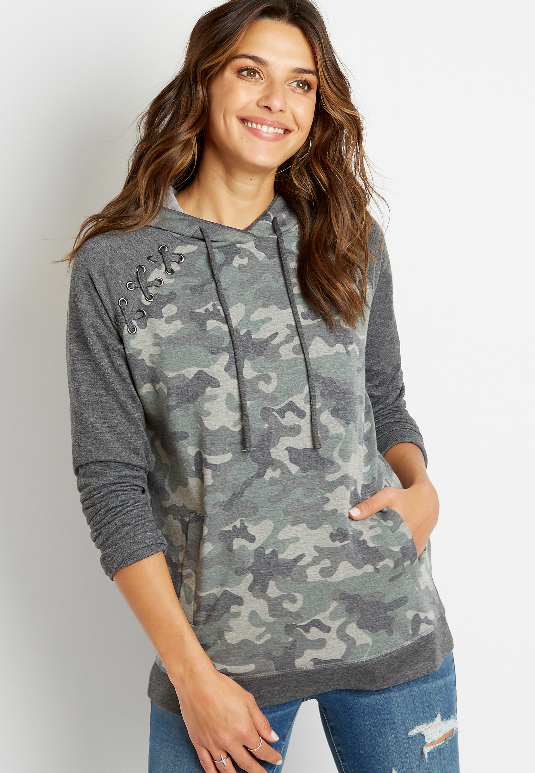 Camo Lace Up Shoulder Pullover Hoodie | maurices
