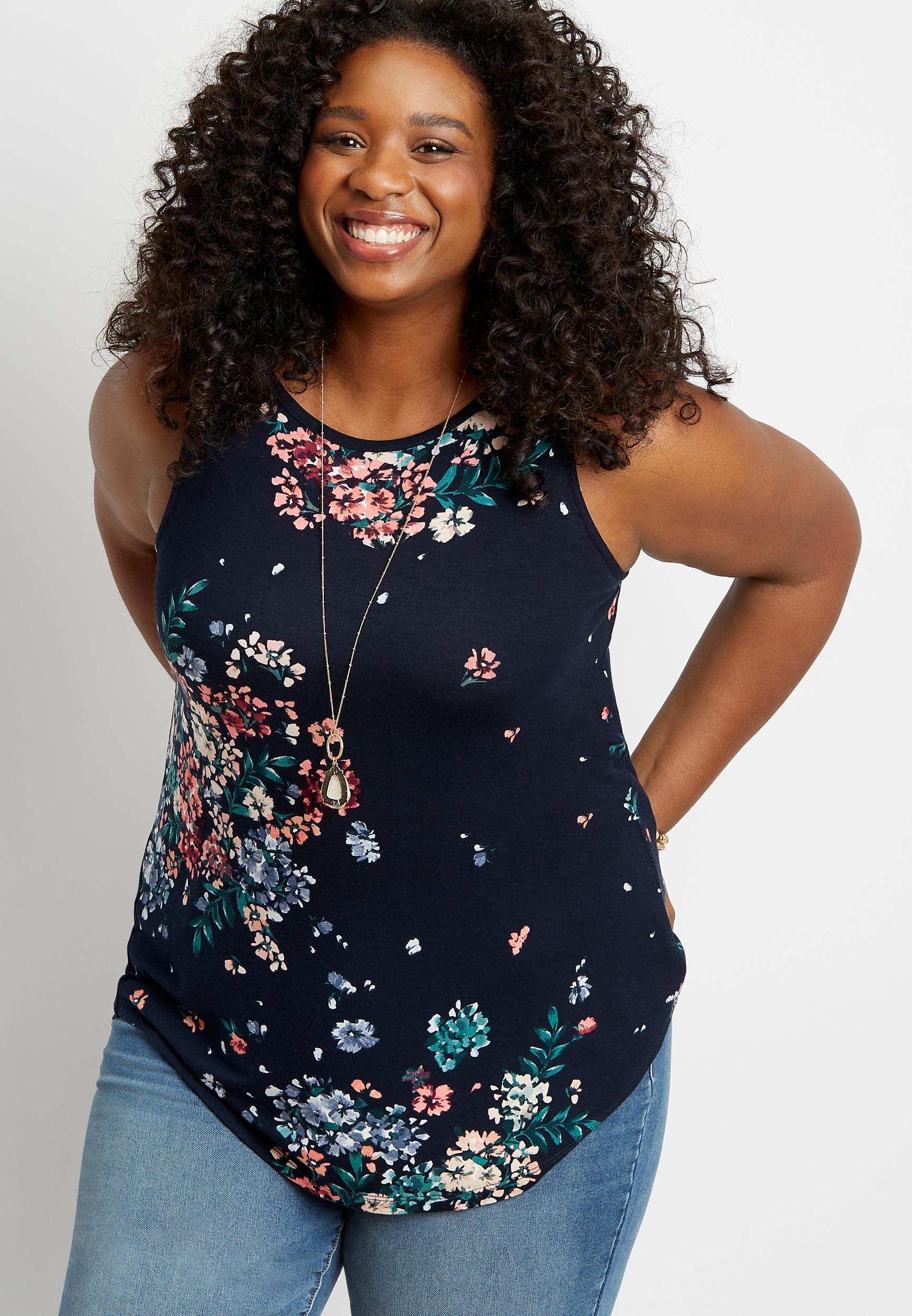 Plus Size 24/7 Blue Floral High Neck Tank Top | maurices