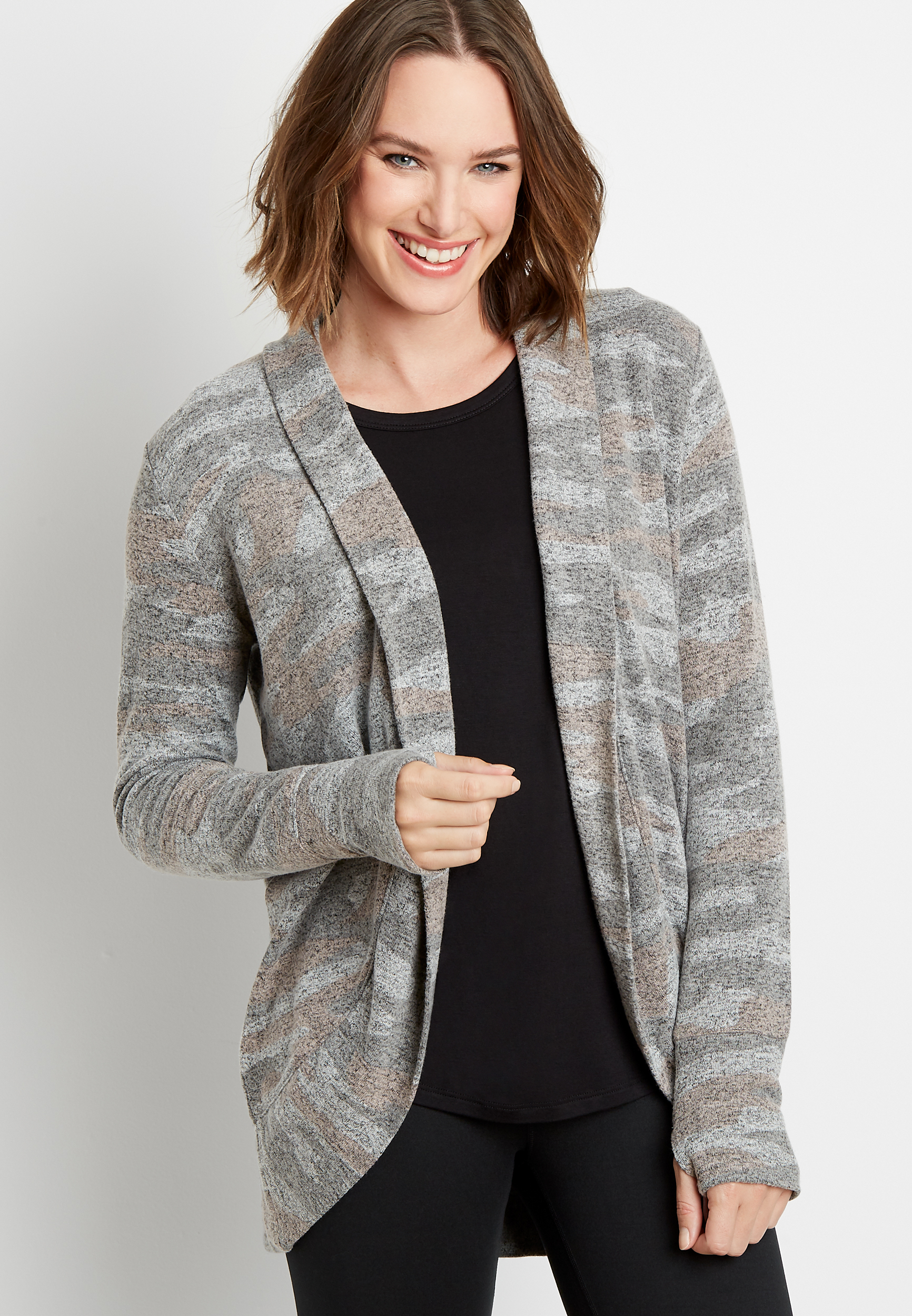 Camo Print Open Front Cardigan | maurices
