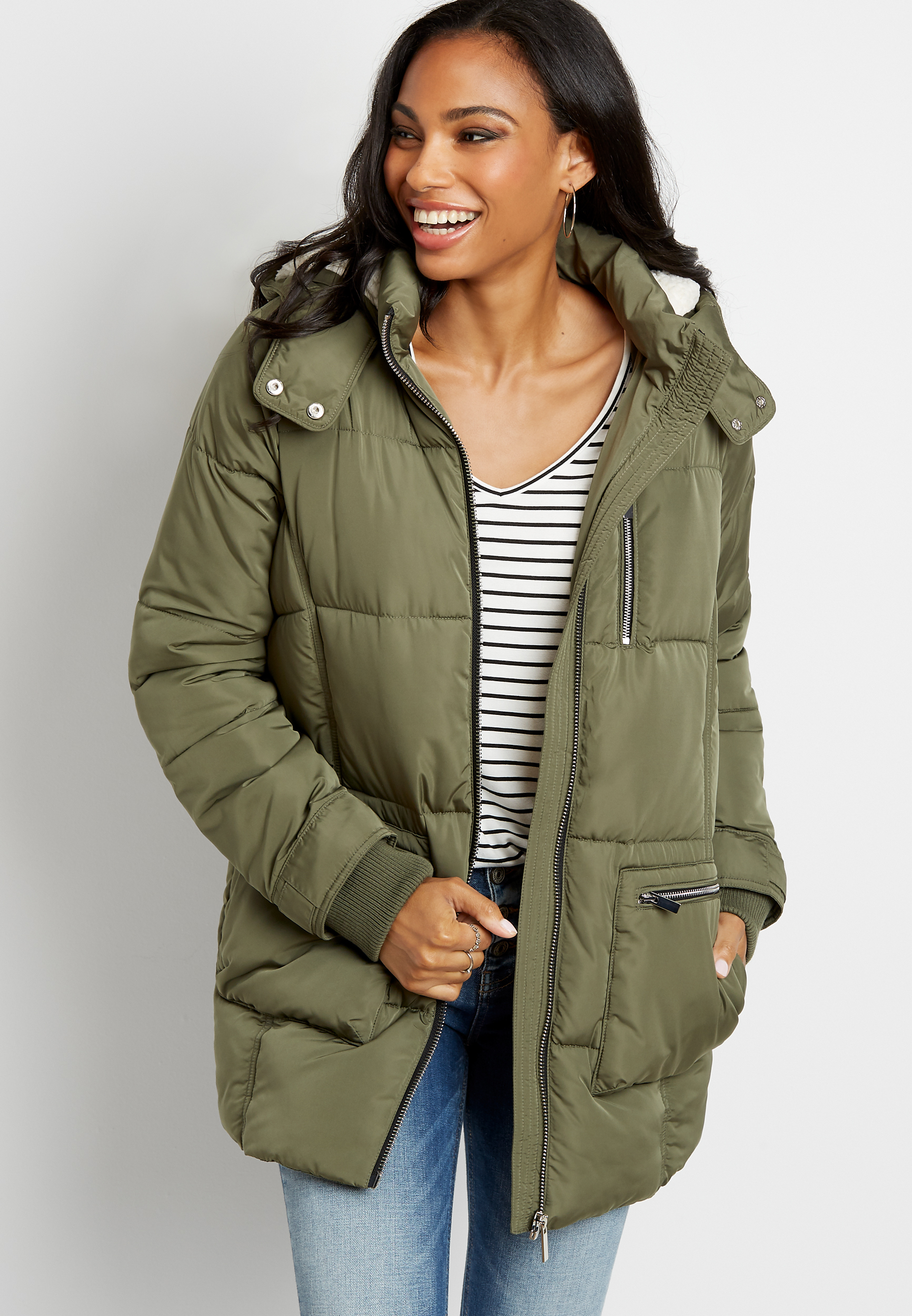 Olive Sherpa Lined Hooded Puffer Outerwear Jacket | maurices