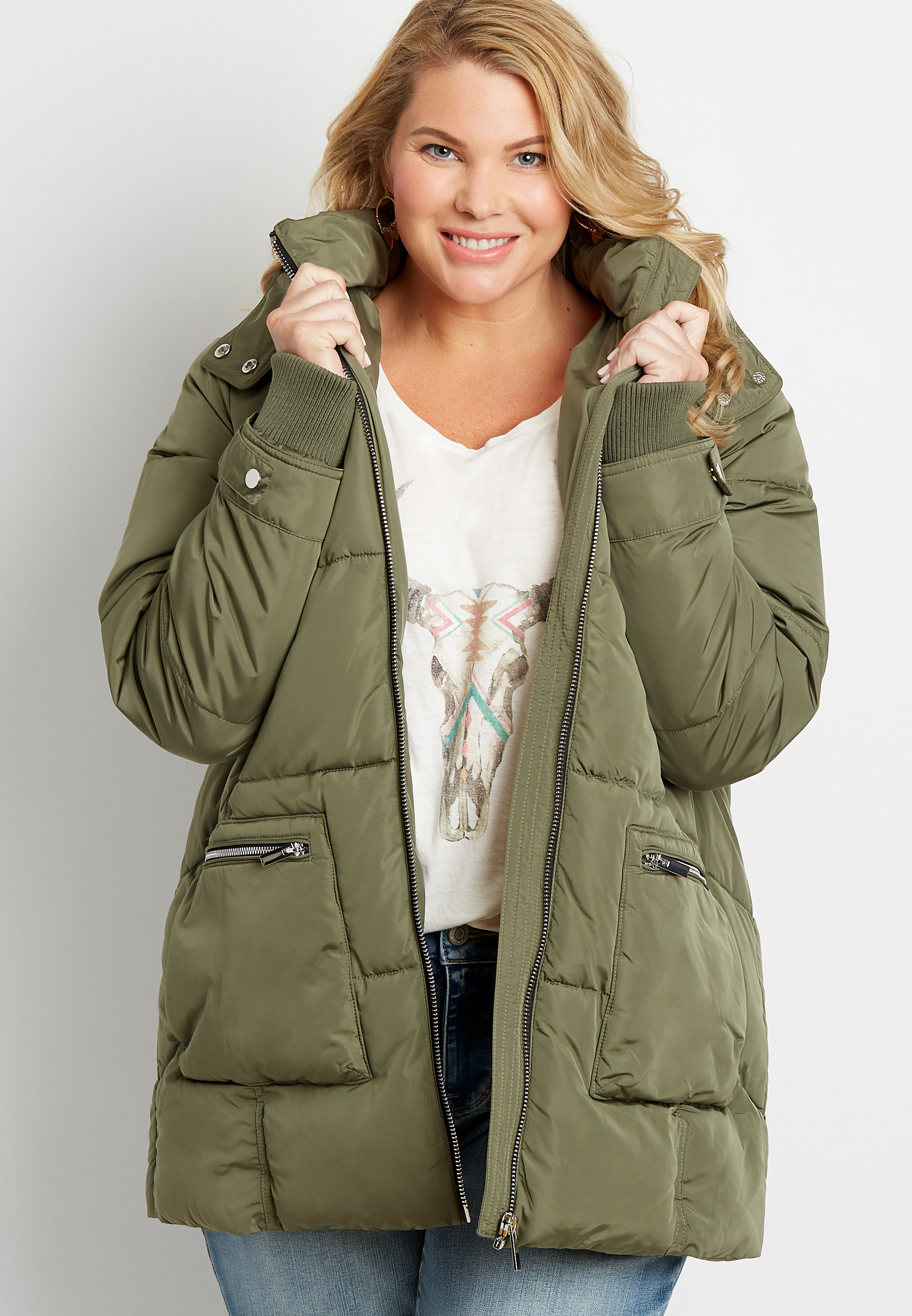 Plus Size Olive Sherpa Lined Hooded Puffer Outerwear Jacket | maurices