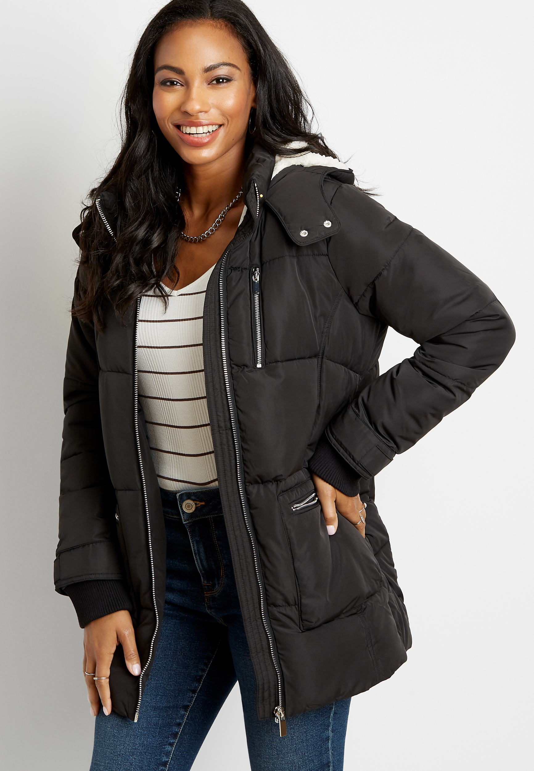 Black Sherpa Lined Hooded Puffer Outerwear Jacket | maurices