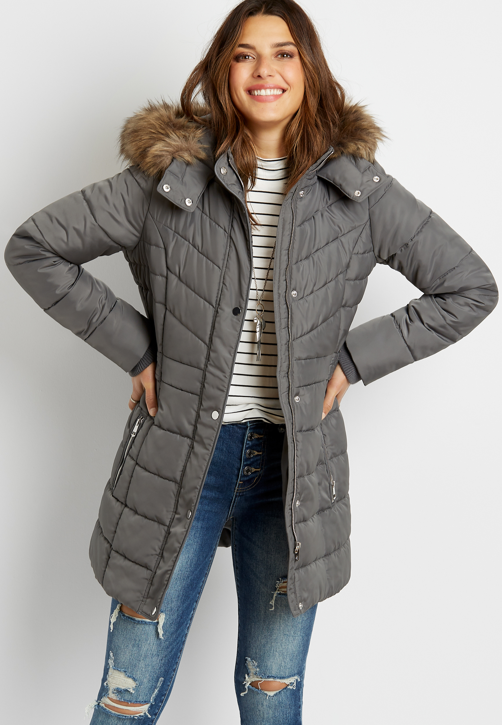 Gray Puffer Faux Fur Trim Hooded Outerwear Jacket | maurices