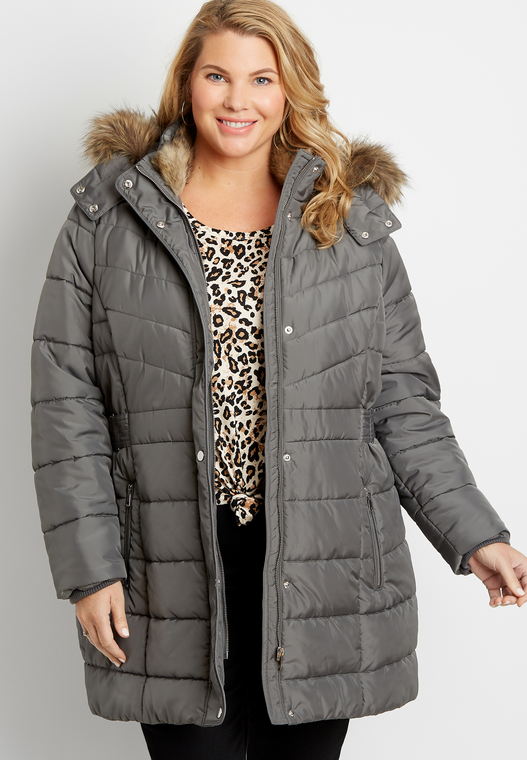 Plus Size Gray Puffer Faux Fur Trim Hooded Outerwear Jacket | maurices