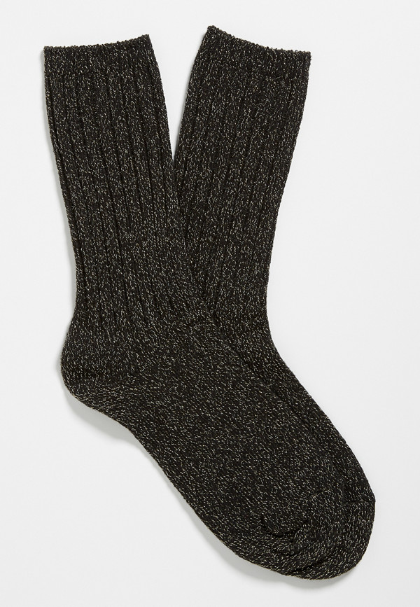 Black Ribbed Metallic Crew Socks | maurices