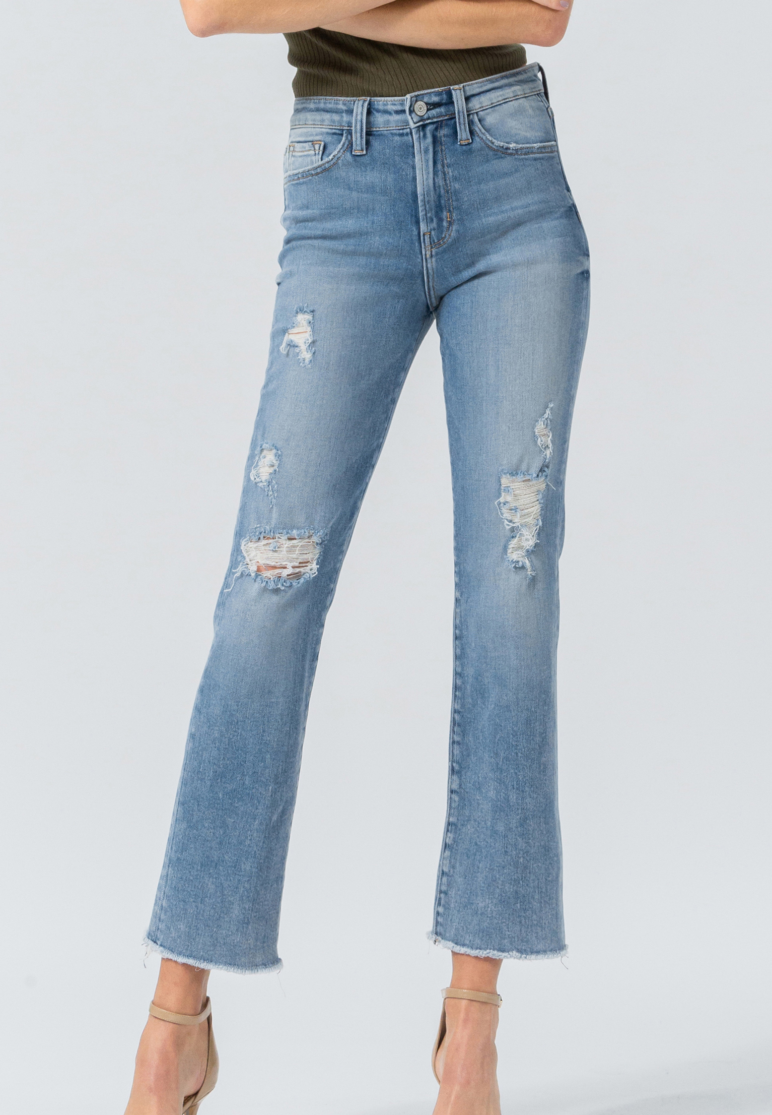 Image of Flying Monkey&trade; Womens High Rise Medium Destructed Straight Ankle Jeans Blue - Maurices