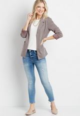 Burgundy Houndstooth Pattern Open Front Blazer, BURGUNDY, small