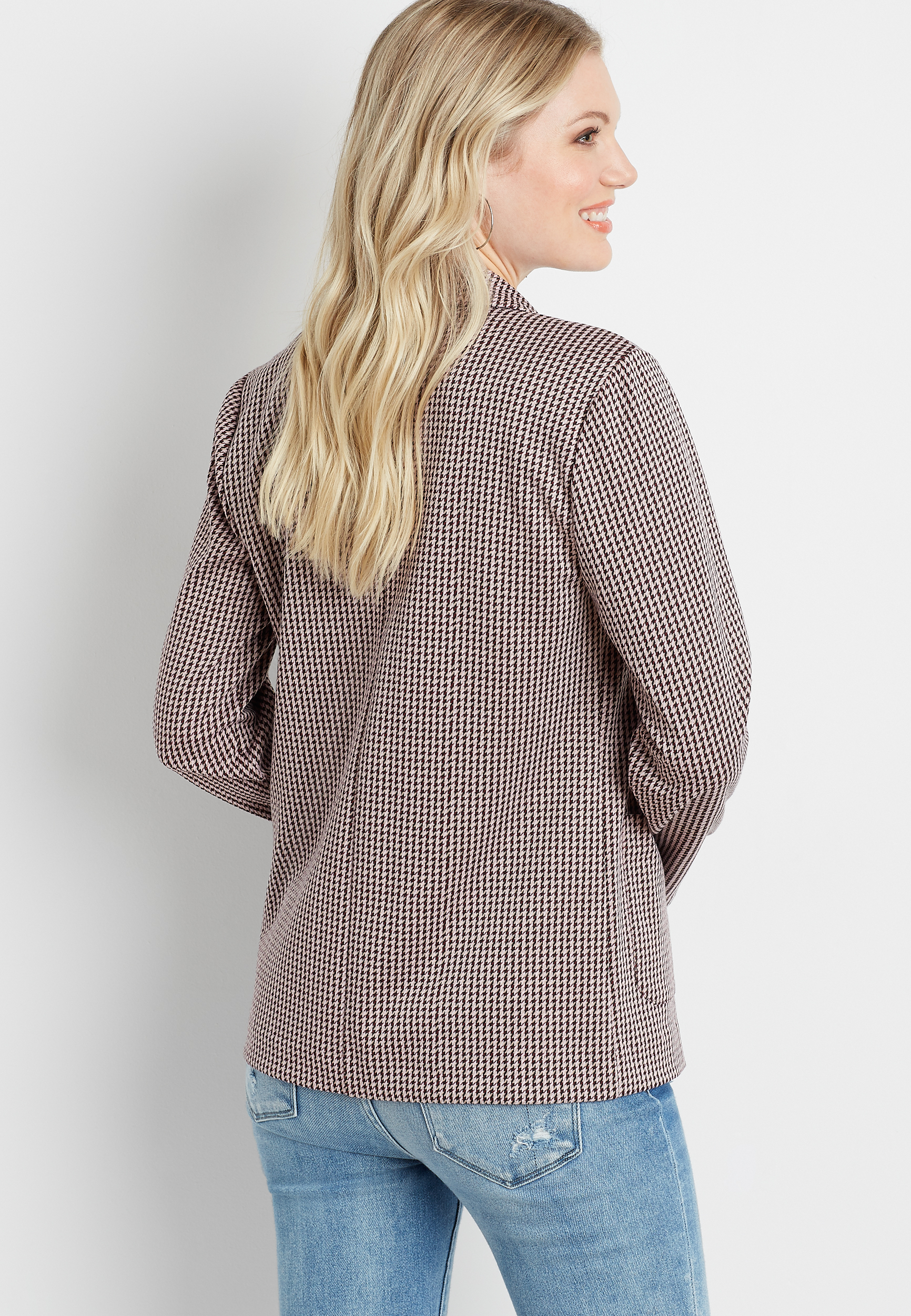 Burgundy Houndstooth Pattern Open Front Blazer, BURGUNDY, large