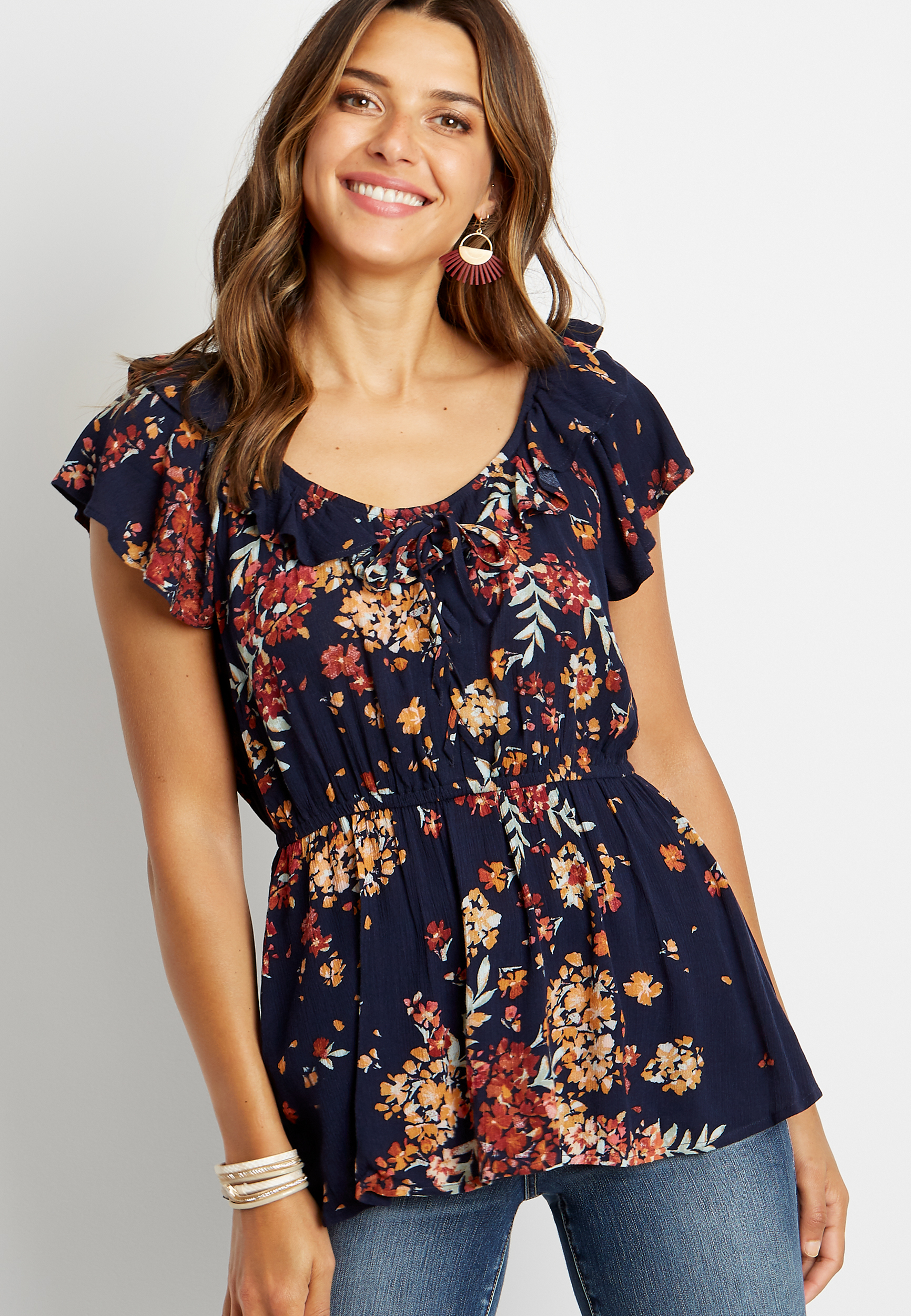 Blue Floral Lace Up Flutter Neck Peplum Top | maurices