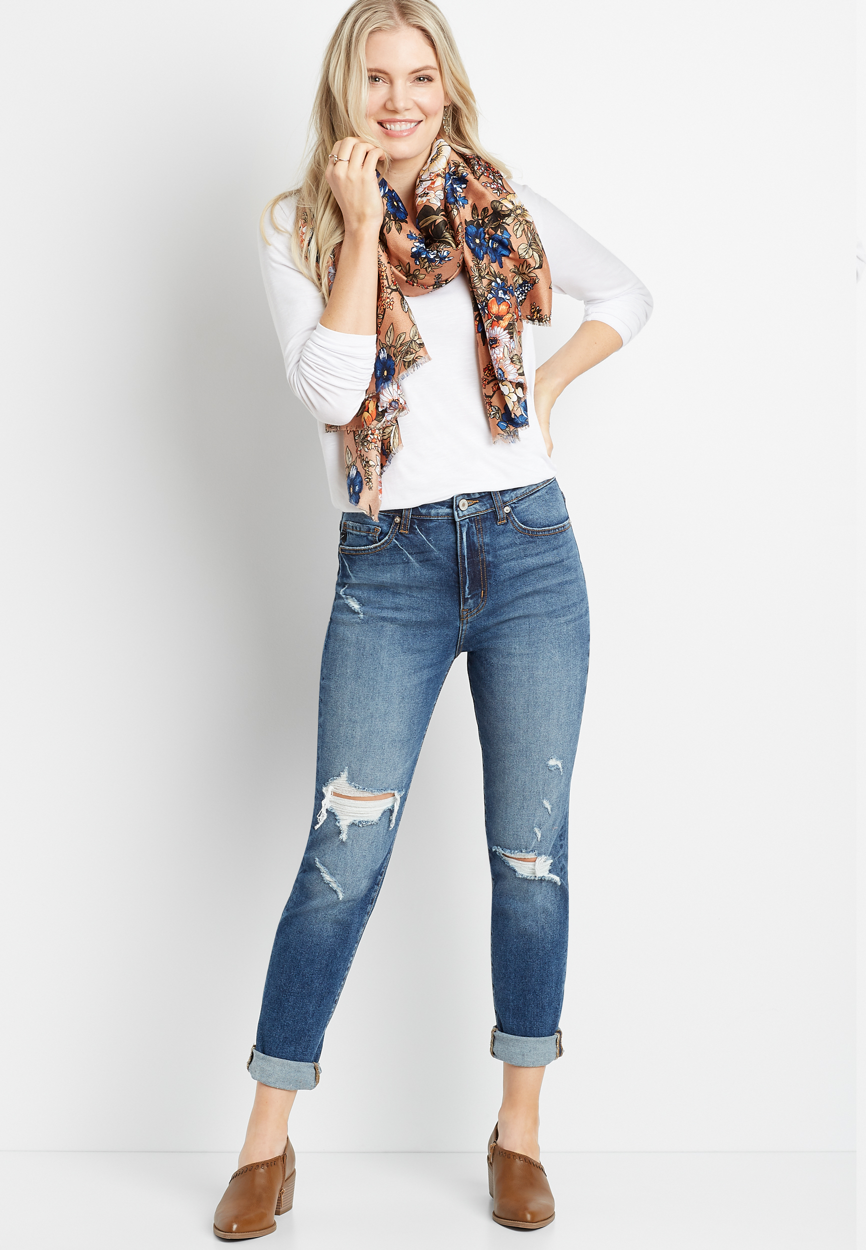 Image of Maurices Womens Kancan&trade; Super High Rise Dark Destructed Mom Jeans Blue