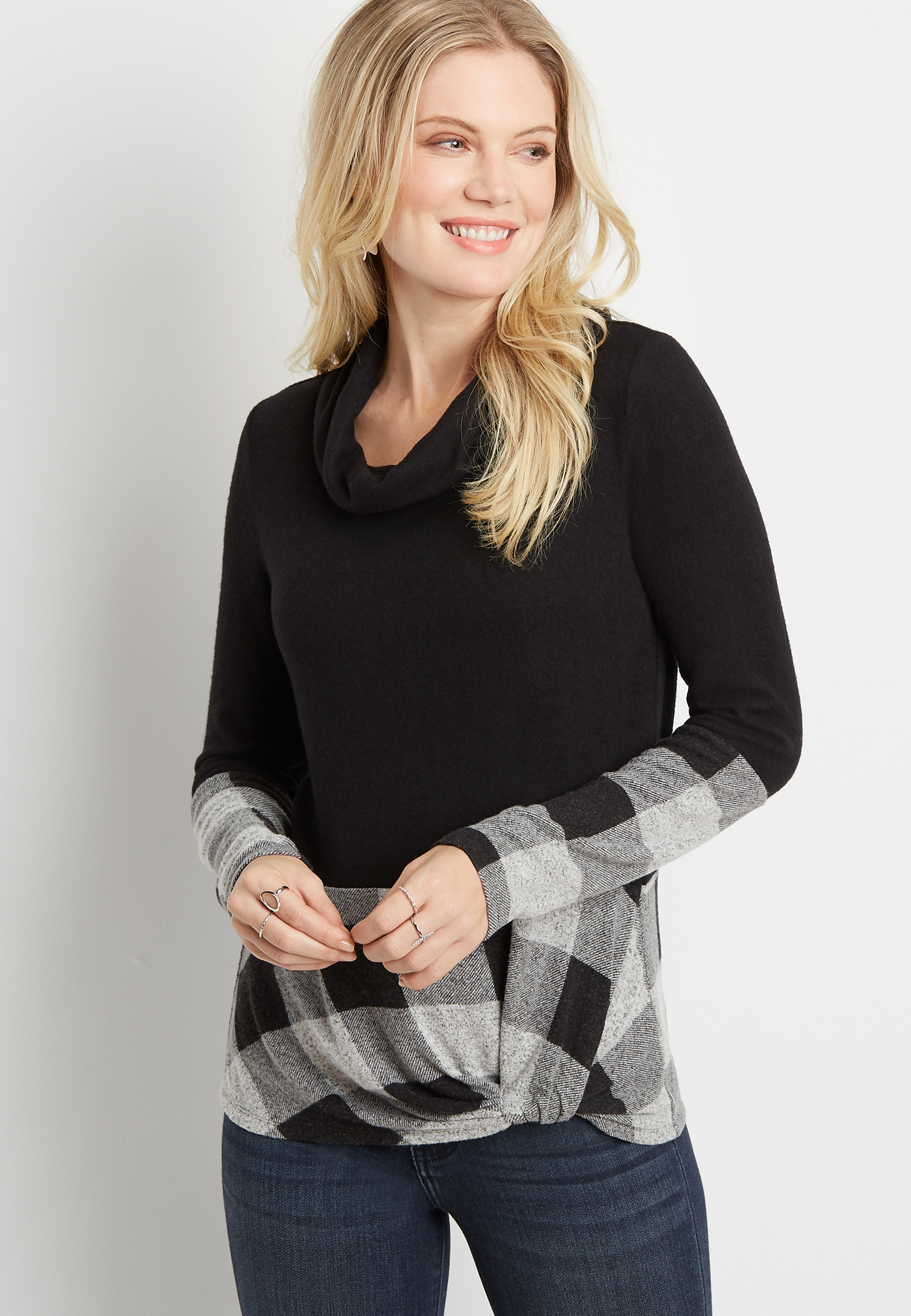 24/7 Buffalo Plaid Colorblock Cowl Neck Knot Hem Tee | maurices