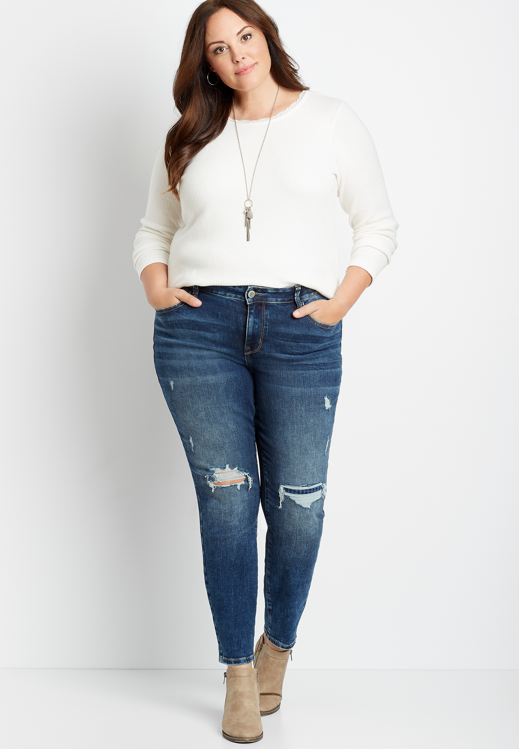 Plus Size DenimFlex™ Dark Houndstooth Backed Destructed Jegging | maurices