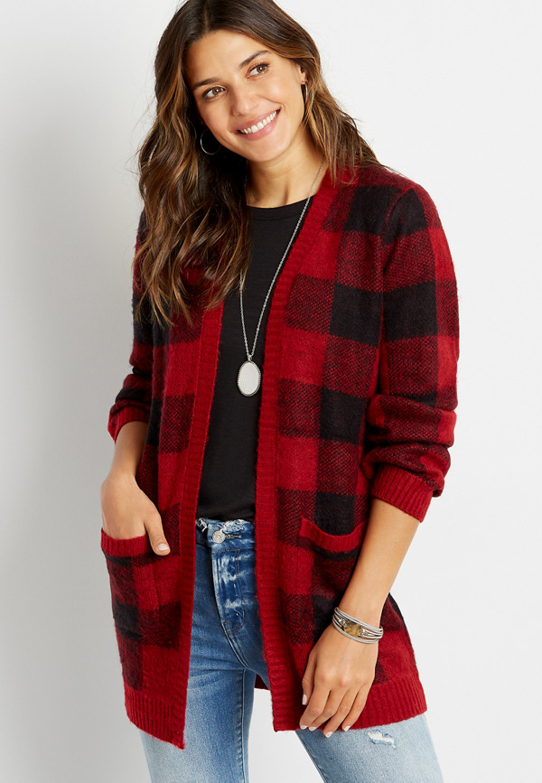 Red Buffalo Plaid Open Front Pocket Cardigan | maurices