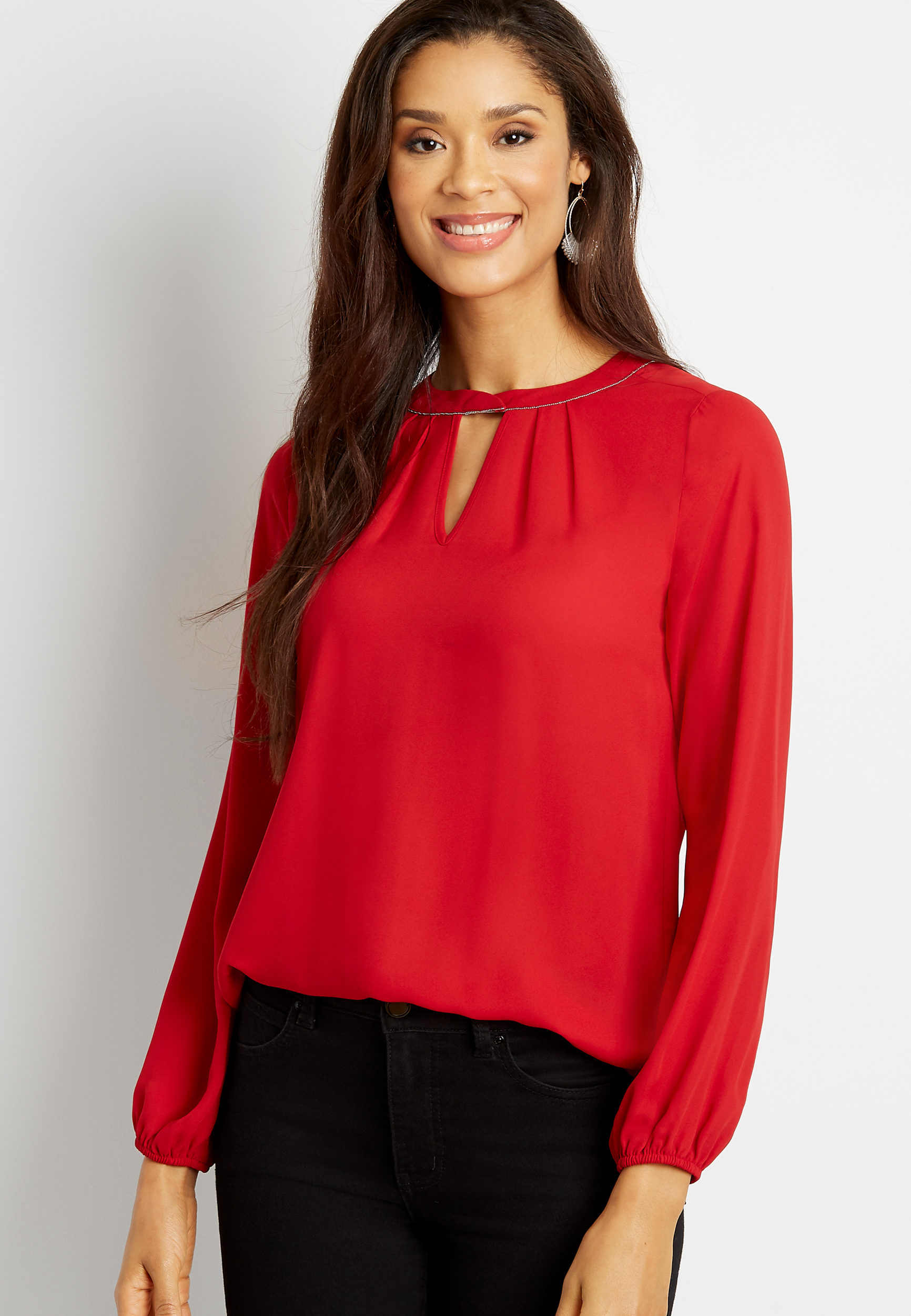 Red Beaded Twist Cut Out Neck Blouse | maurices
