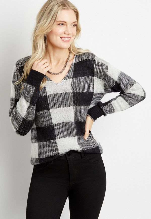 Buffalo Plaid V Neck Pullover Sweater | maurices