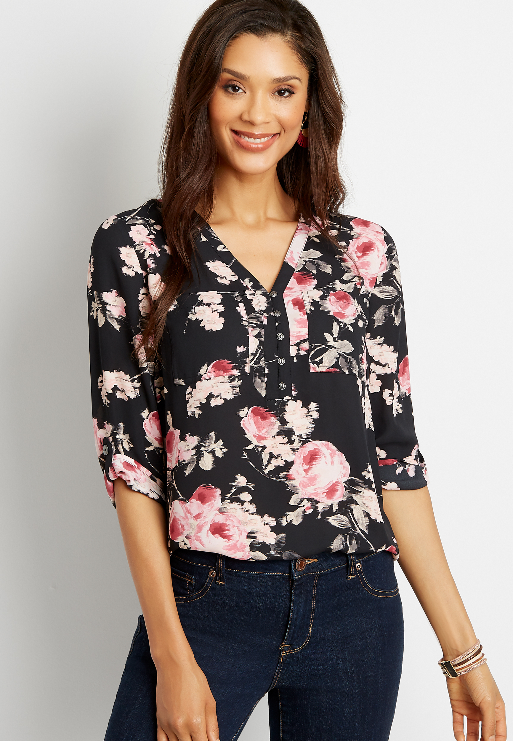 Black Floral Button Front Tunic Blouse | maurices