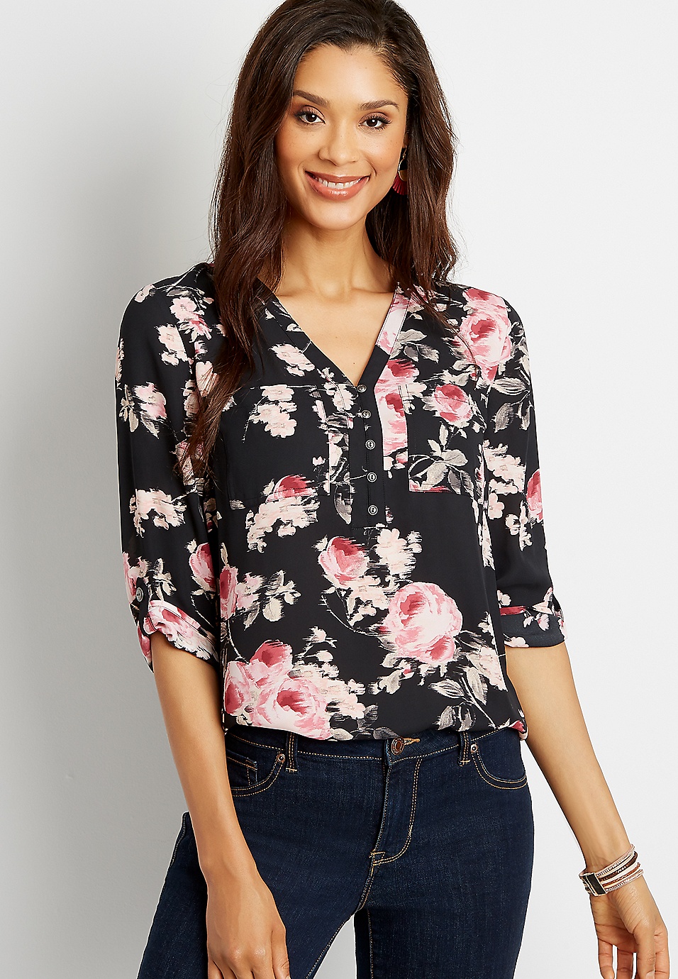 Women Black Floral Print V Neck Button Front 3/4 Long Sleeve Top Tunic Shirt 
