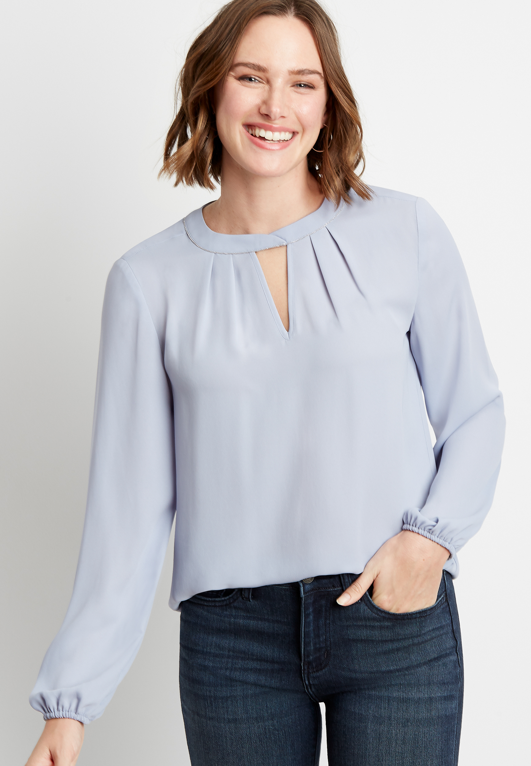 Periwinkle Beaded Twist Cut Out Neck Blouse 