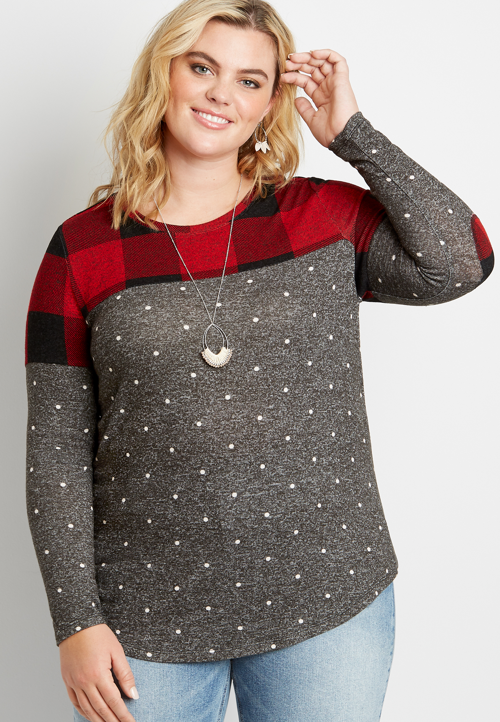 buffalo plaid and polka dot shirt