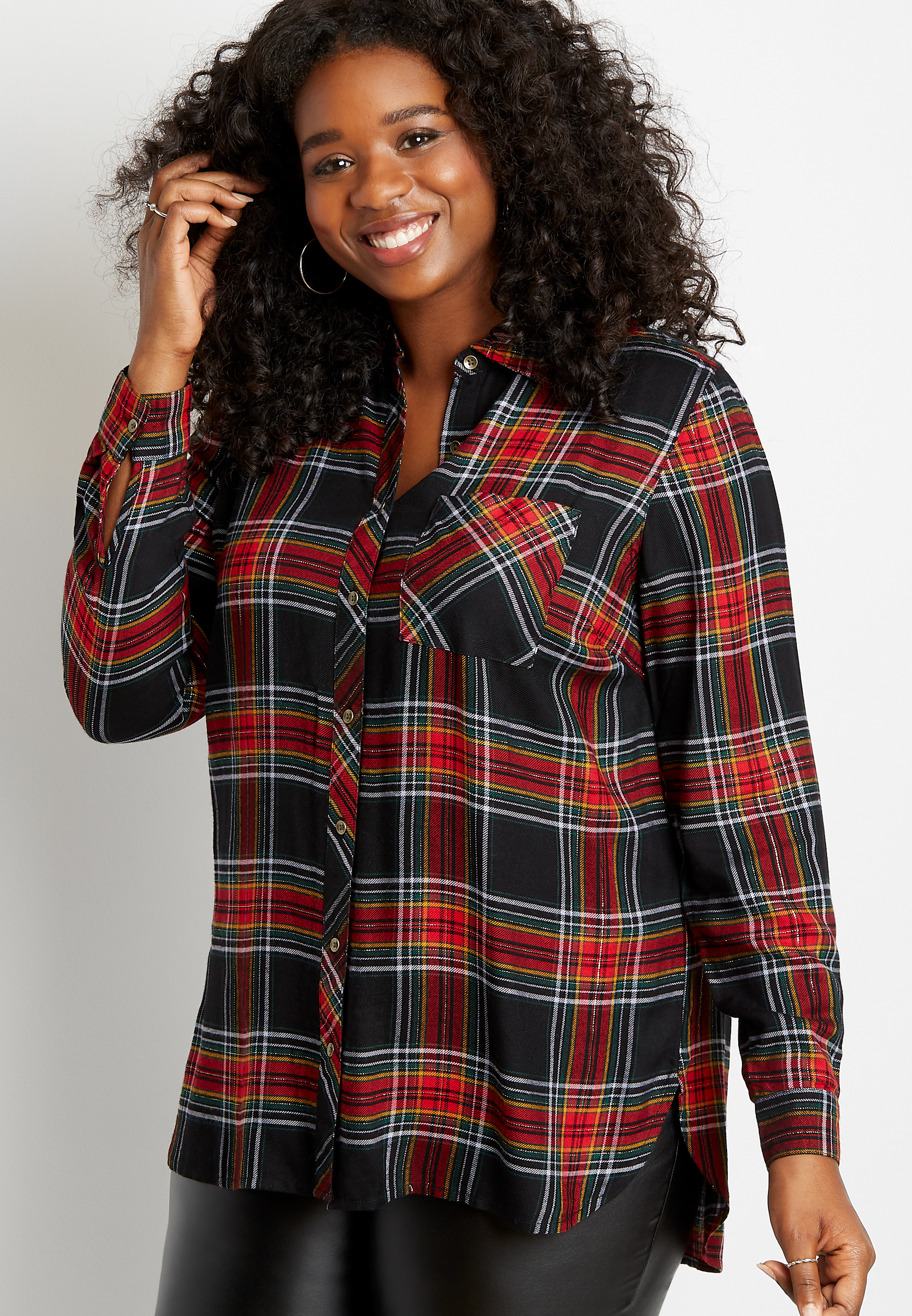 Plus Size Metallic Black Plaid Button Down Tunic Shirt | maurices