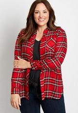 Plus Size Metallic Red Plaid Button Down Tunic Shirt, , small