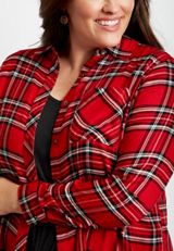 Plus Size Metallic Red Plaid Button Down Tunic Shirt, , small