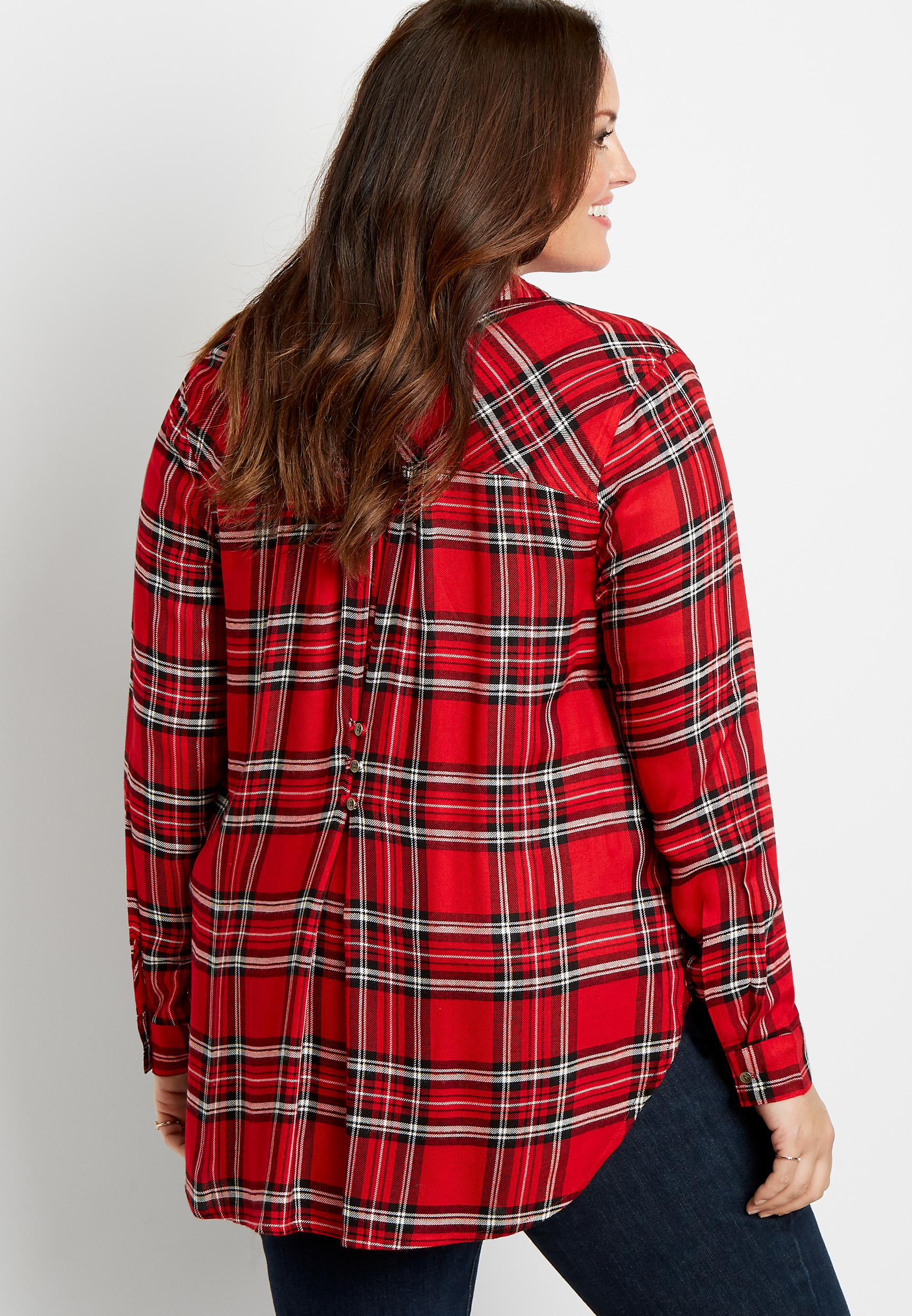 Plus Size Metallic Red Plaid Button Down Tunic Shirt, , large