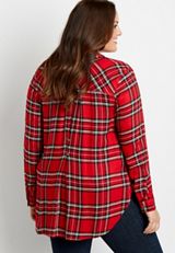 Plus Size Metallic Red Plaid Button Down Tunic Shirt, , small