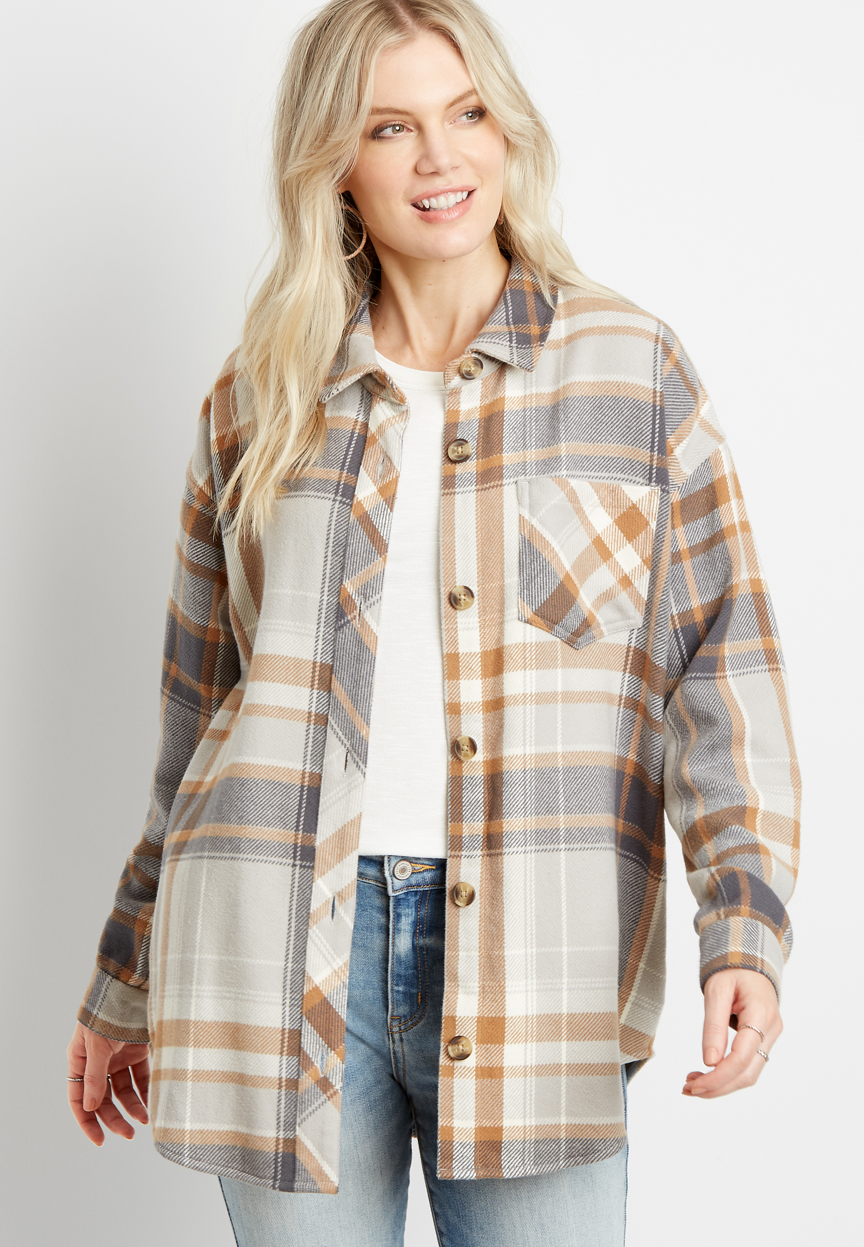 Neutral Plaid Oversized Flannel Shacket Maurices 4678