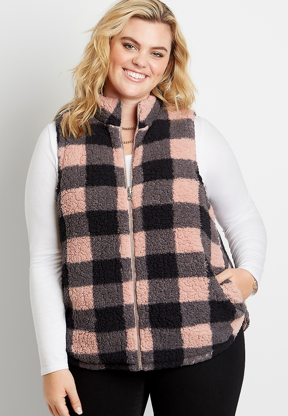 Plus Size Pink Buffalo Plaid Reversible Sherpa Zip Up Vest | maurices