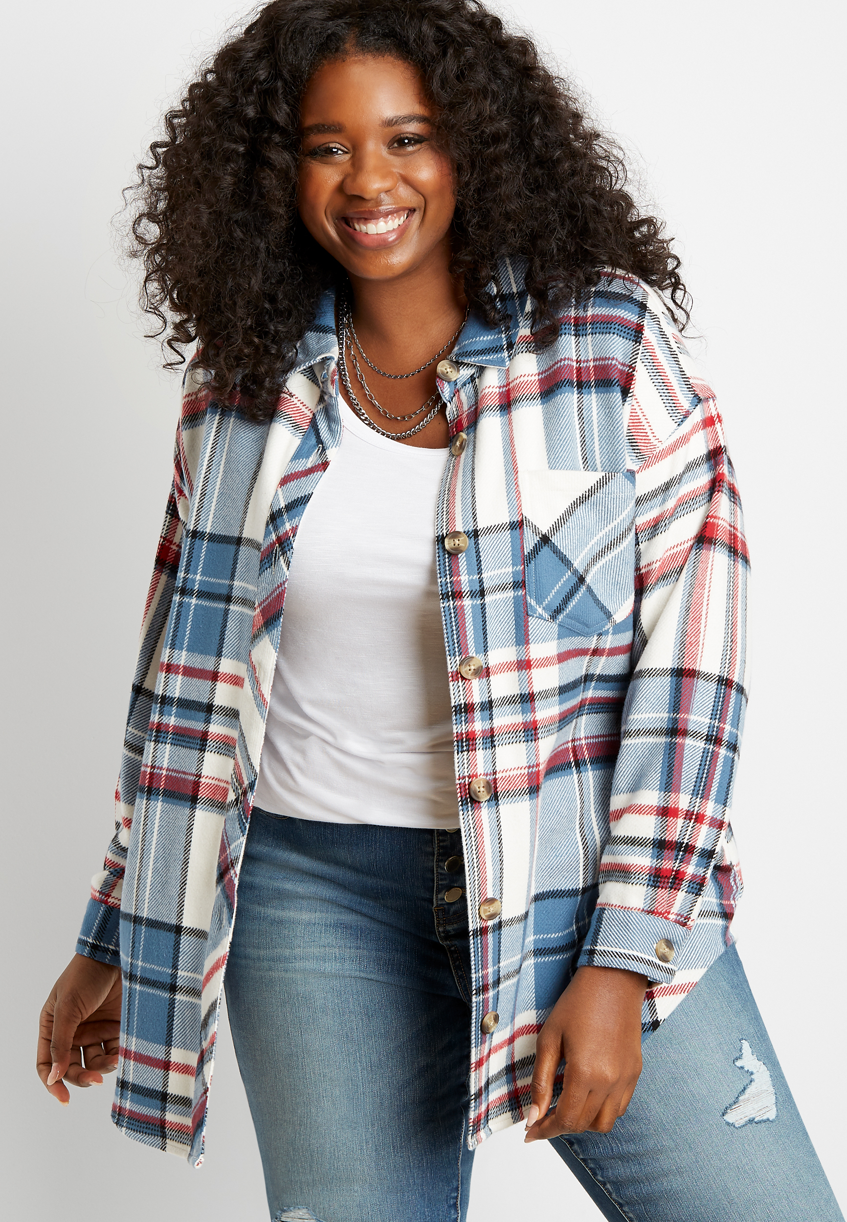 Plus Size White Plaid Oversized Flannel Shacket Maurices 