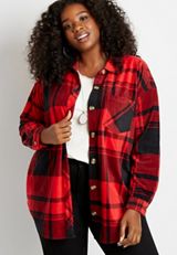 Plus Size Red Buffalo Plaid Oversized Fleece Shacket, , small