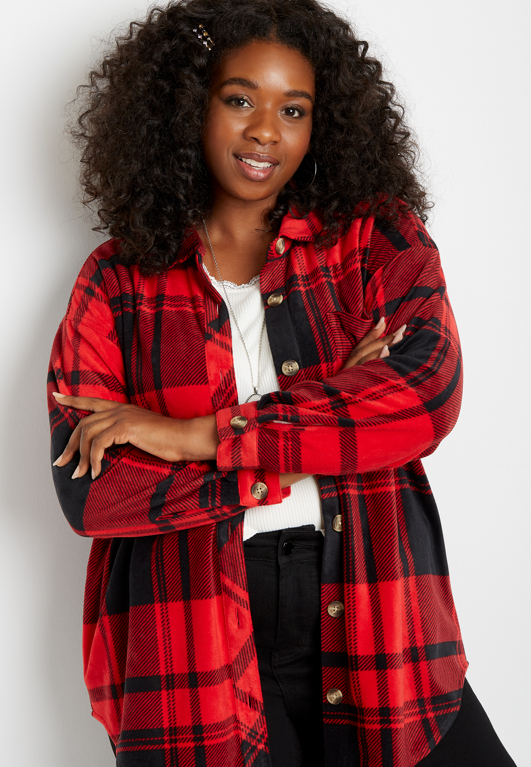 Plus Size Red Buffalo Plaid Oversized Fleece Shacket, , large