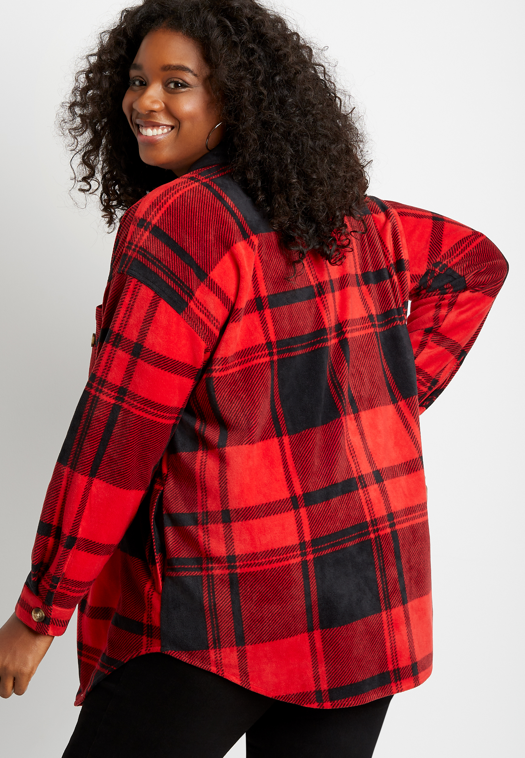 Plus Size Red Buffalo Plaid Oversized Fleece Shacket, , large