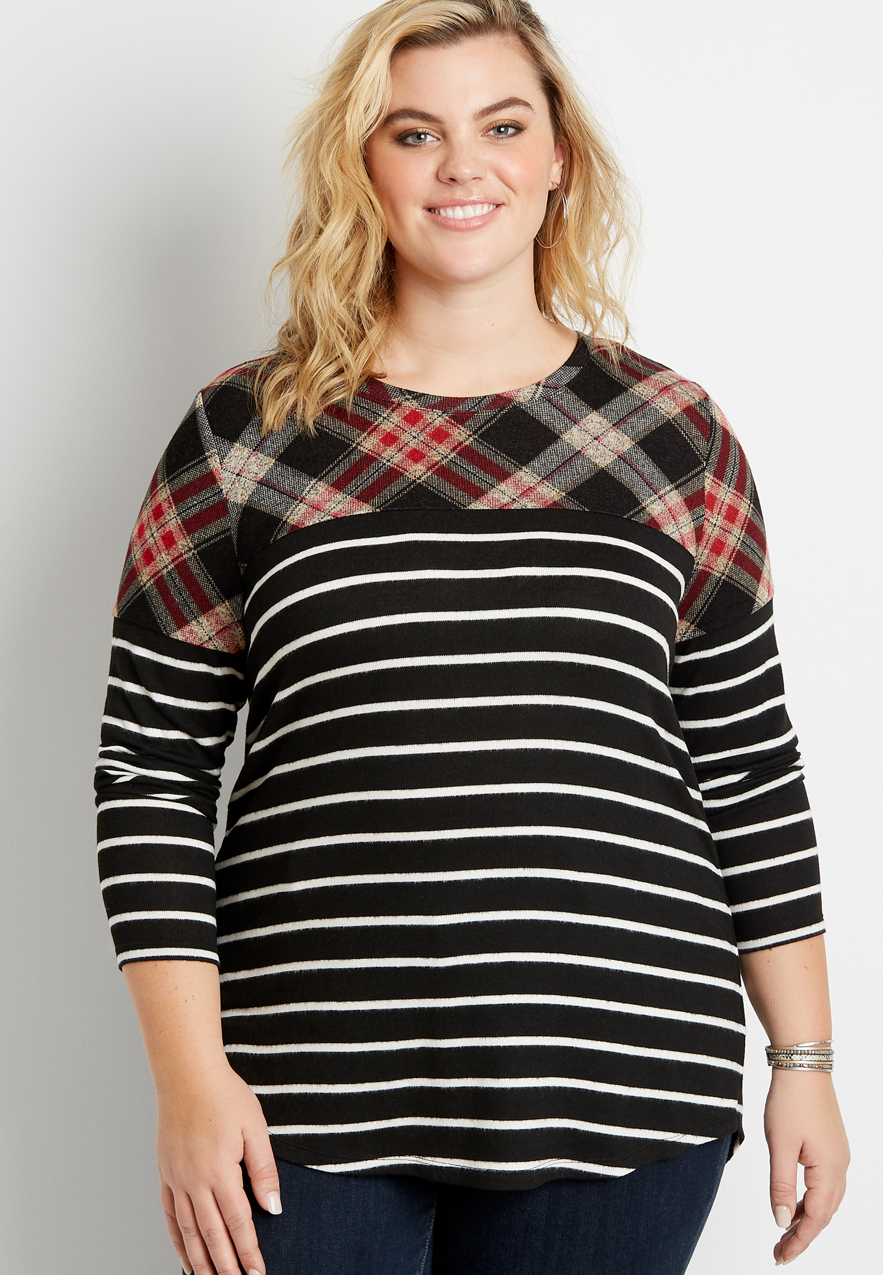 Plus Size 24/7 Plaid Stripe Blocked Football Tee | maurices